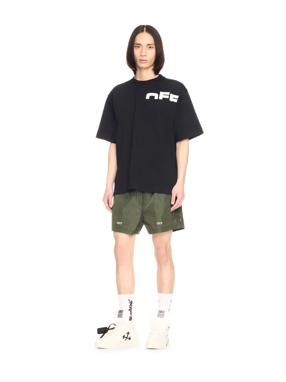 GREEN OFF STAMP SWIM SHORTS