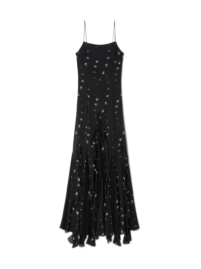 Langes Kleid mit Mondmotiv und Rüschen