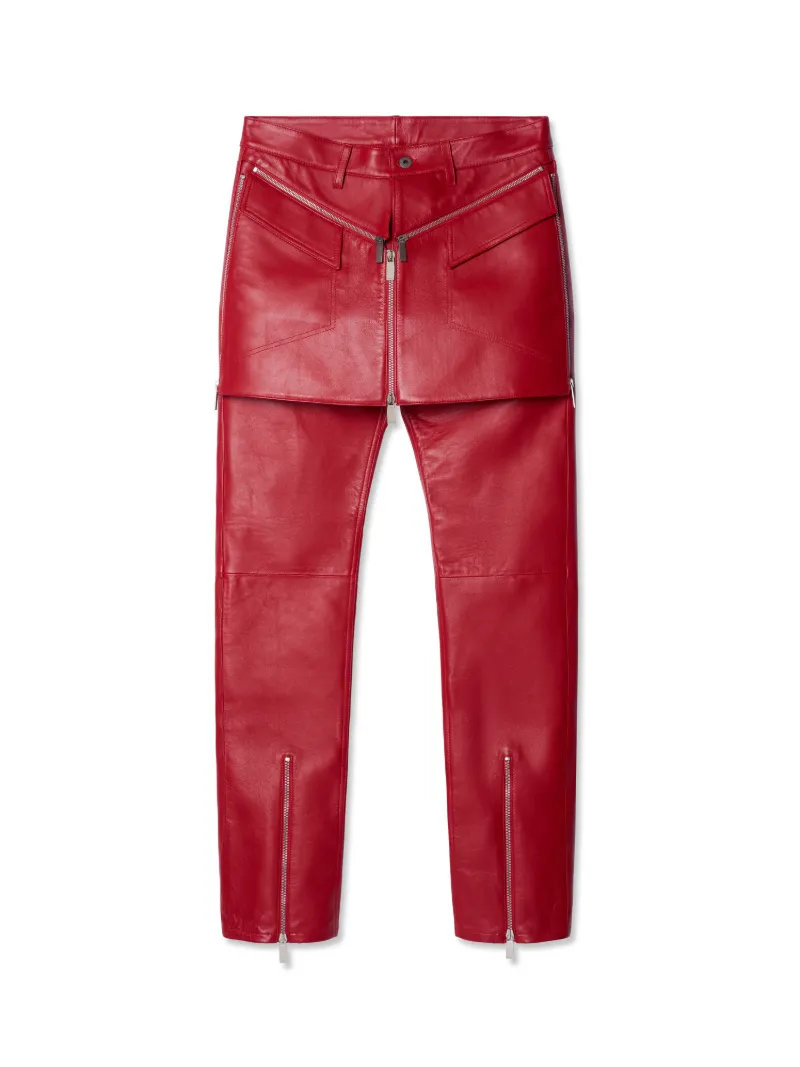 RED LEATHER SKINNY ZIP PANTS