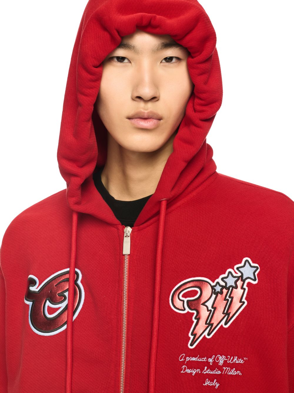 Off White Red Scorpion Patch Zip Skate Hoodie male Cotton Wool Polyester AcrylicPolyurethane L Red