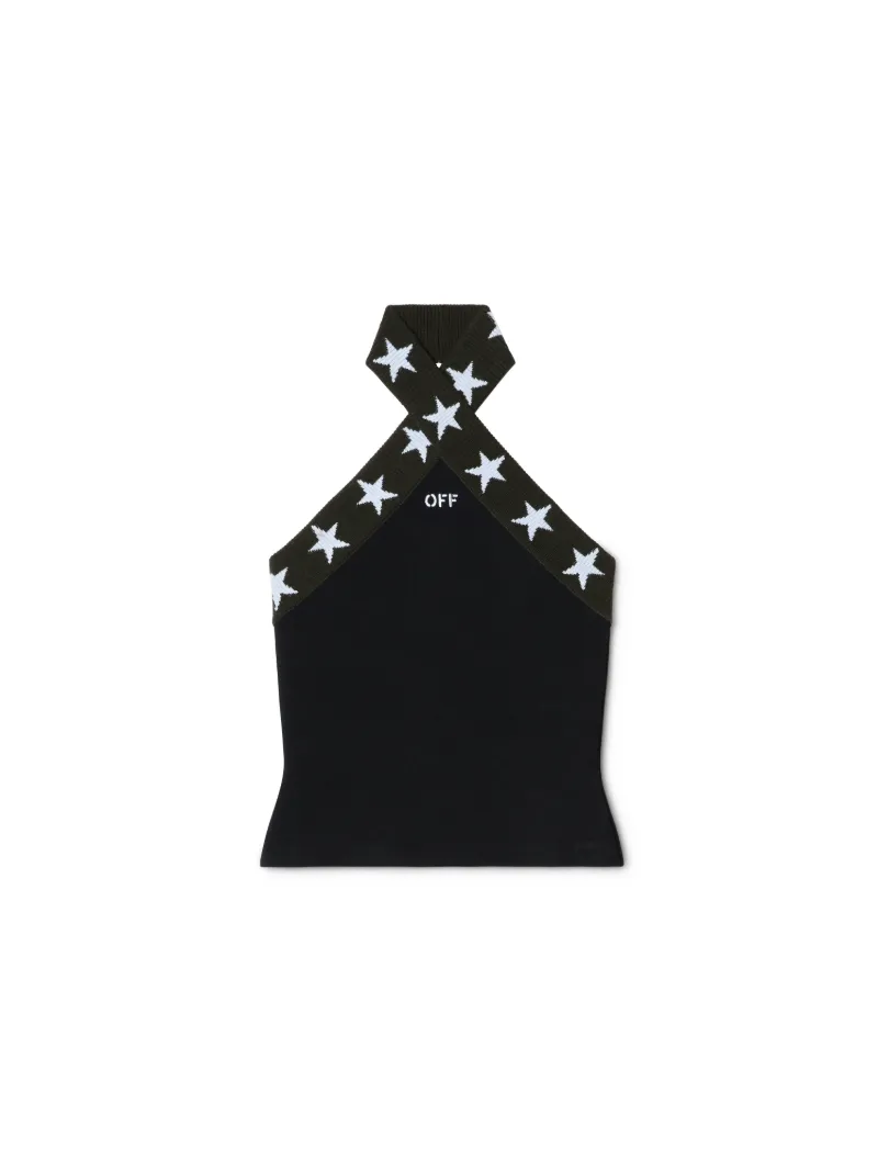 TOP NERO CON MOTIVO STARRY E SCOLLO ALL'AMERICANA
