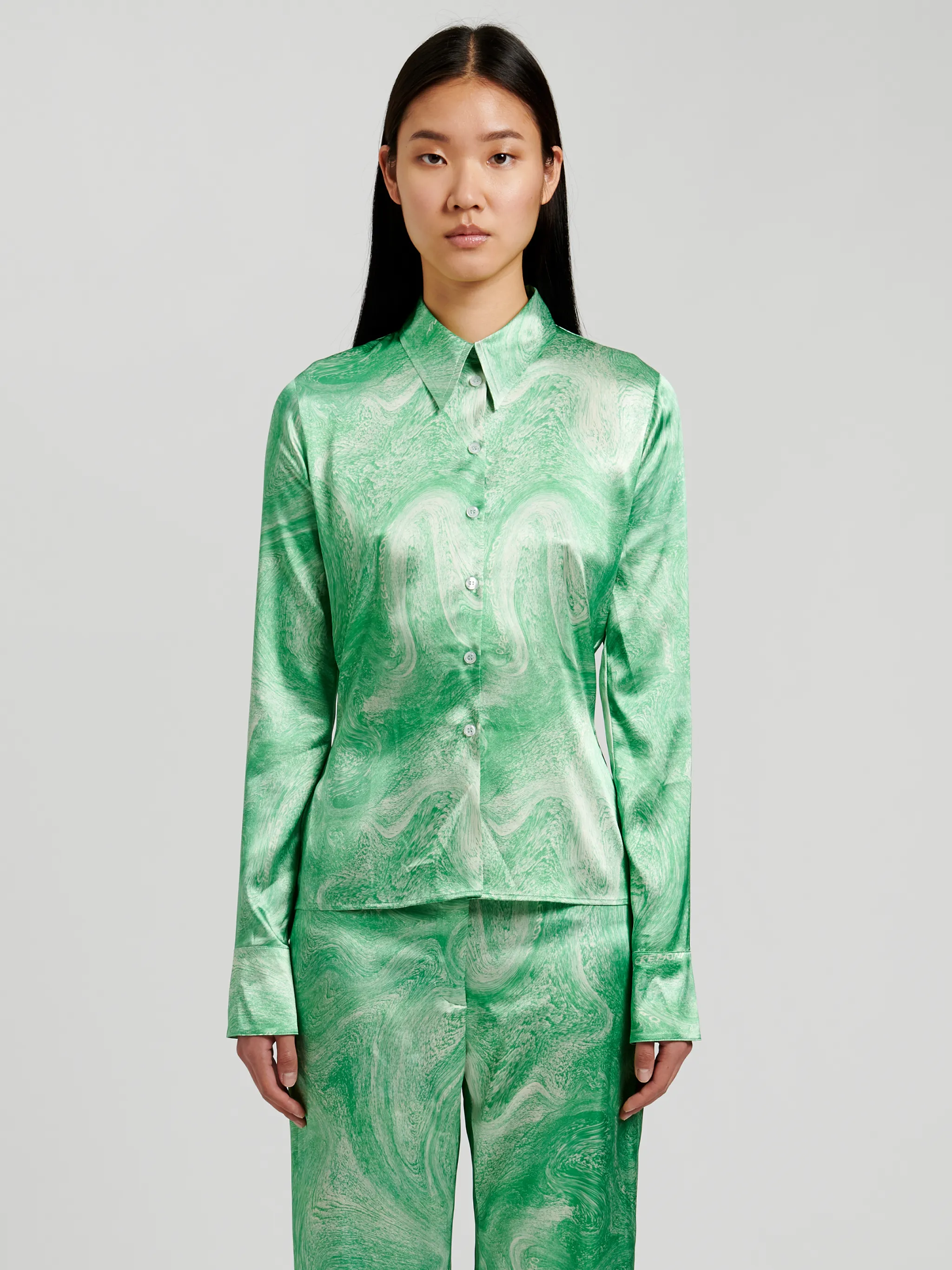 marble-print pointed-collar shirt