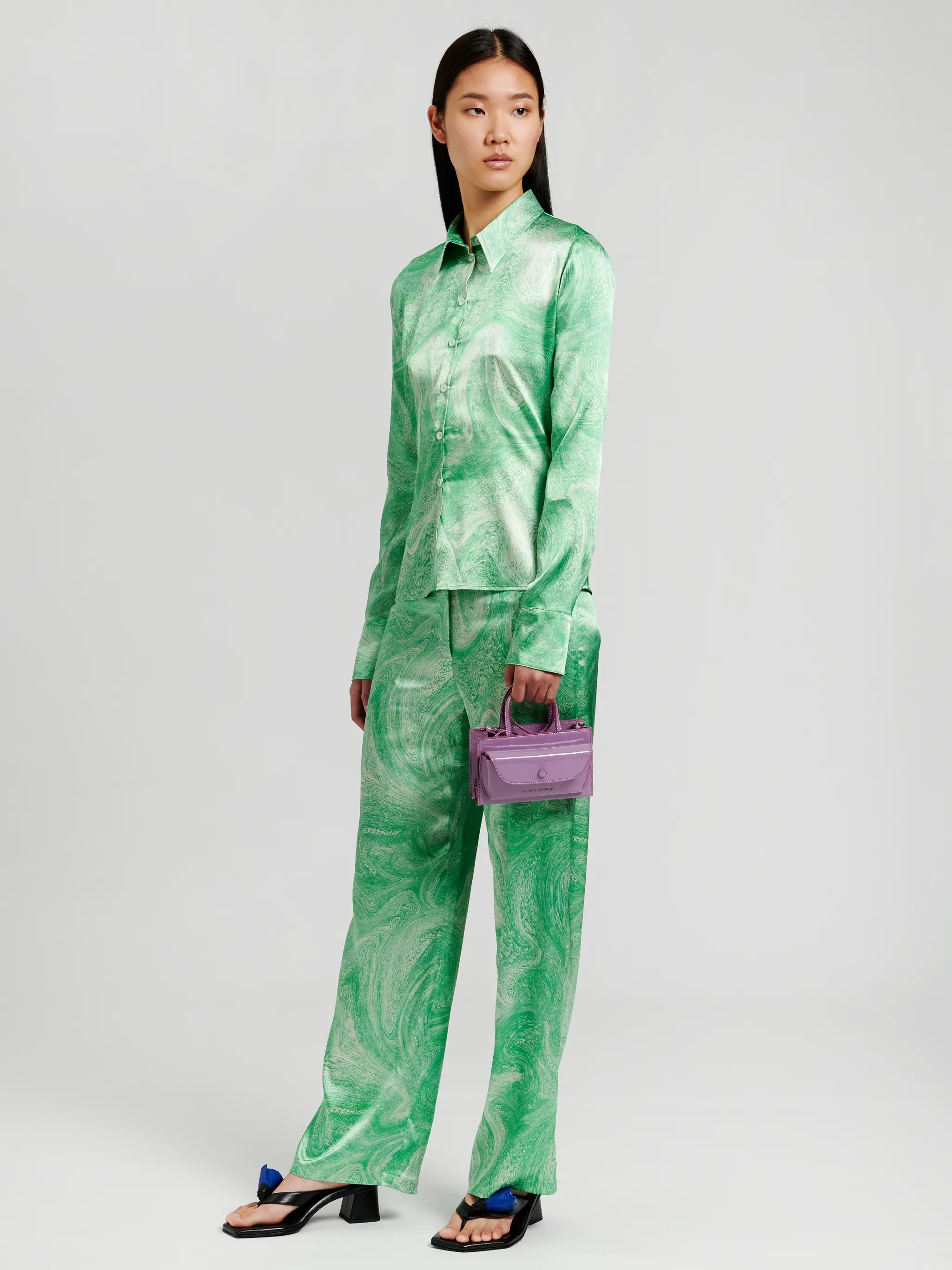 marble-print pointed-collar shirt