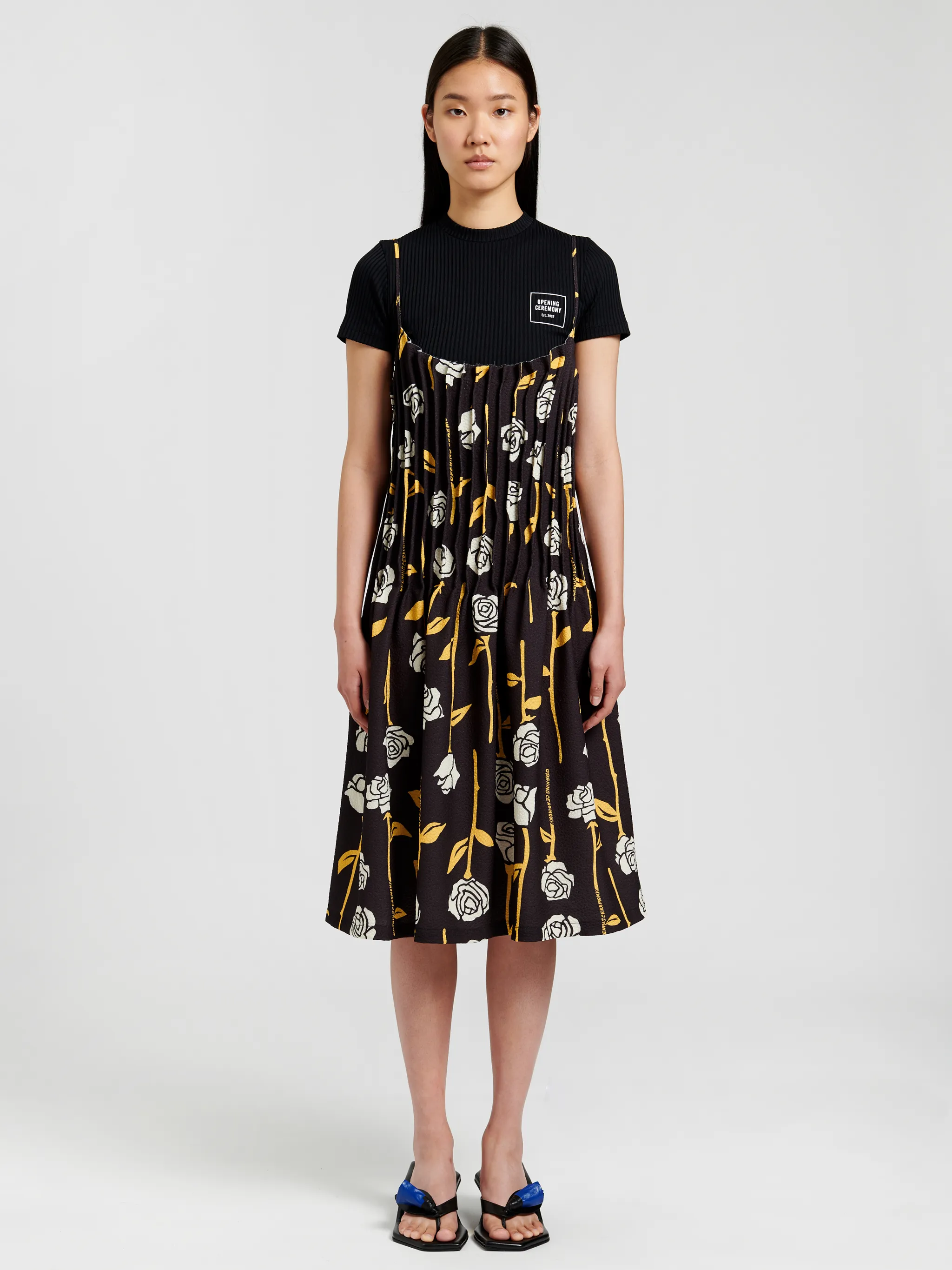 PLEATED DRESS ROSES ALLOVER