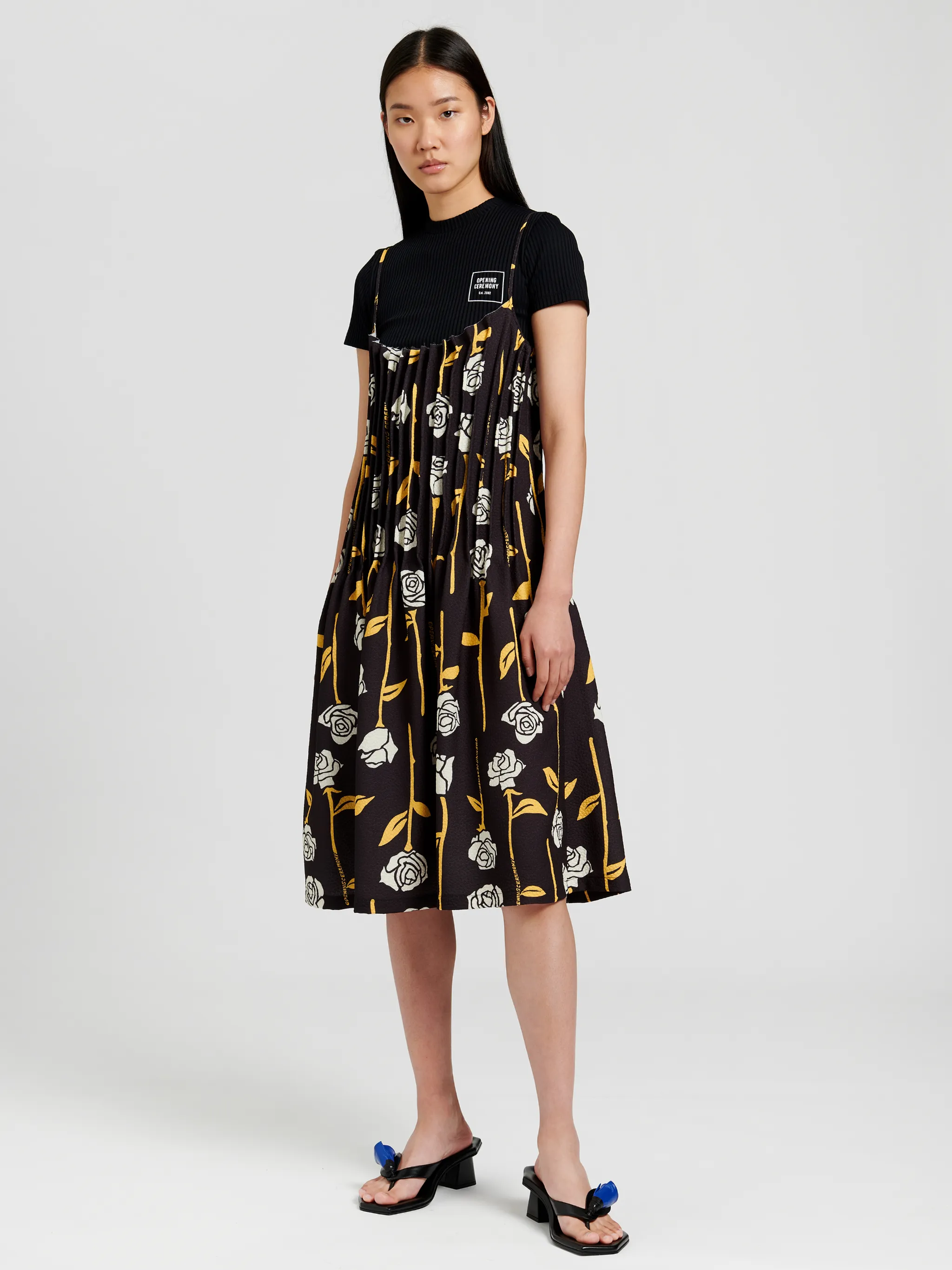 PLEATED DRESS ROSES ALLOVER