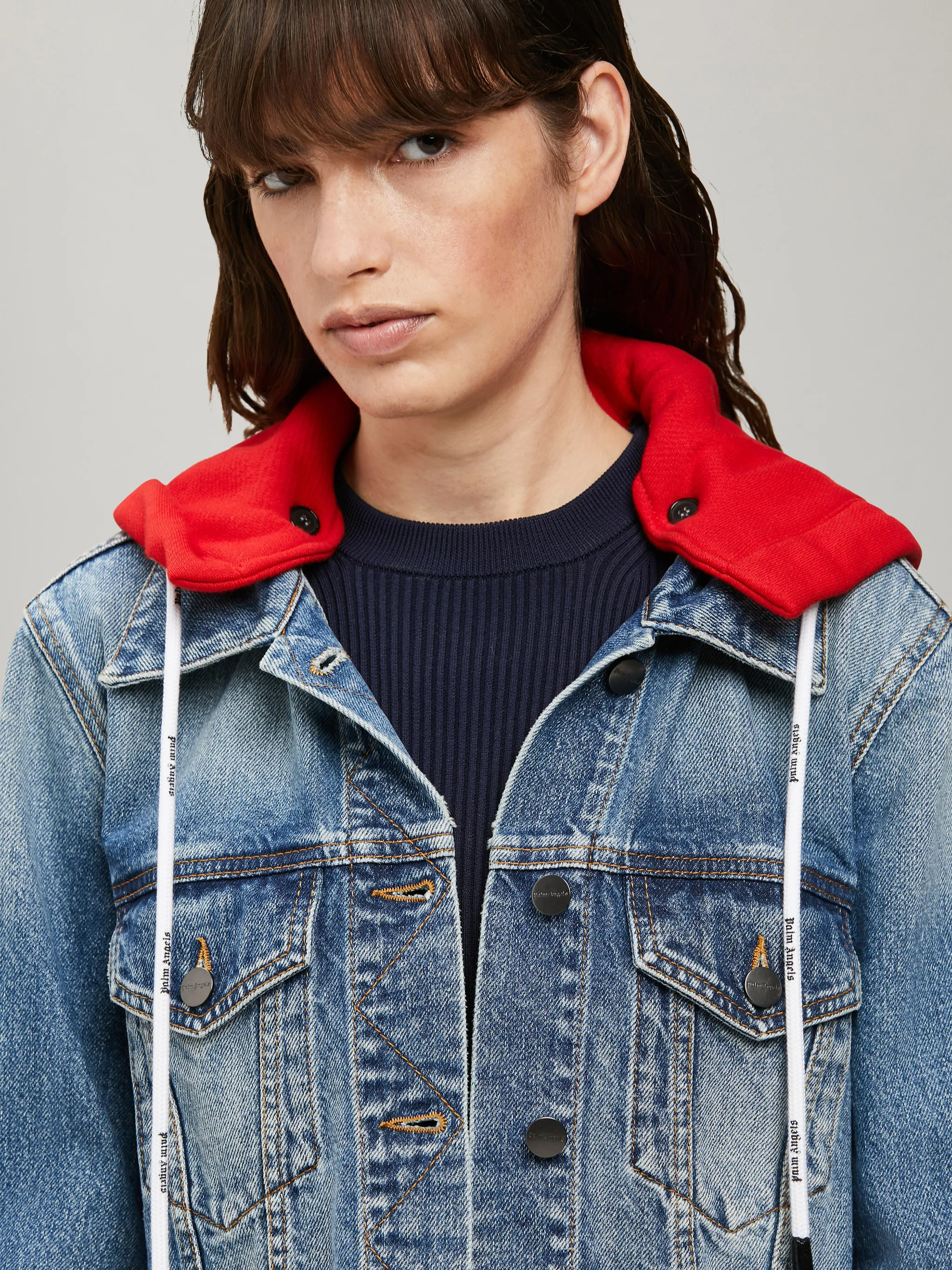 Red hooded deals denim jacket