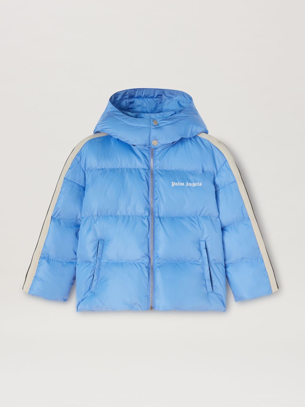 Logo Track Hooded Puffer Jacket in blue - Palm Angels® Official