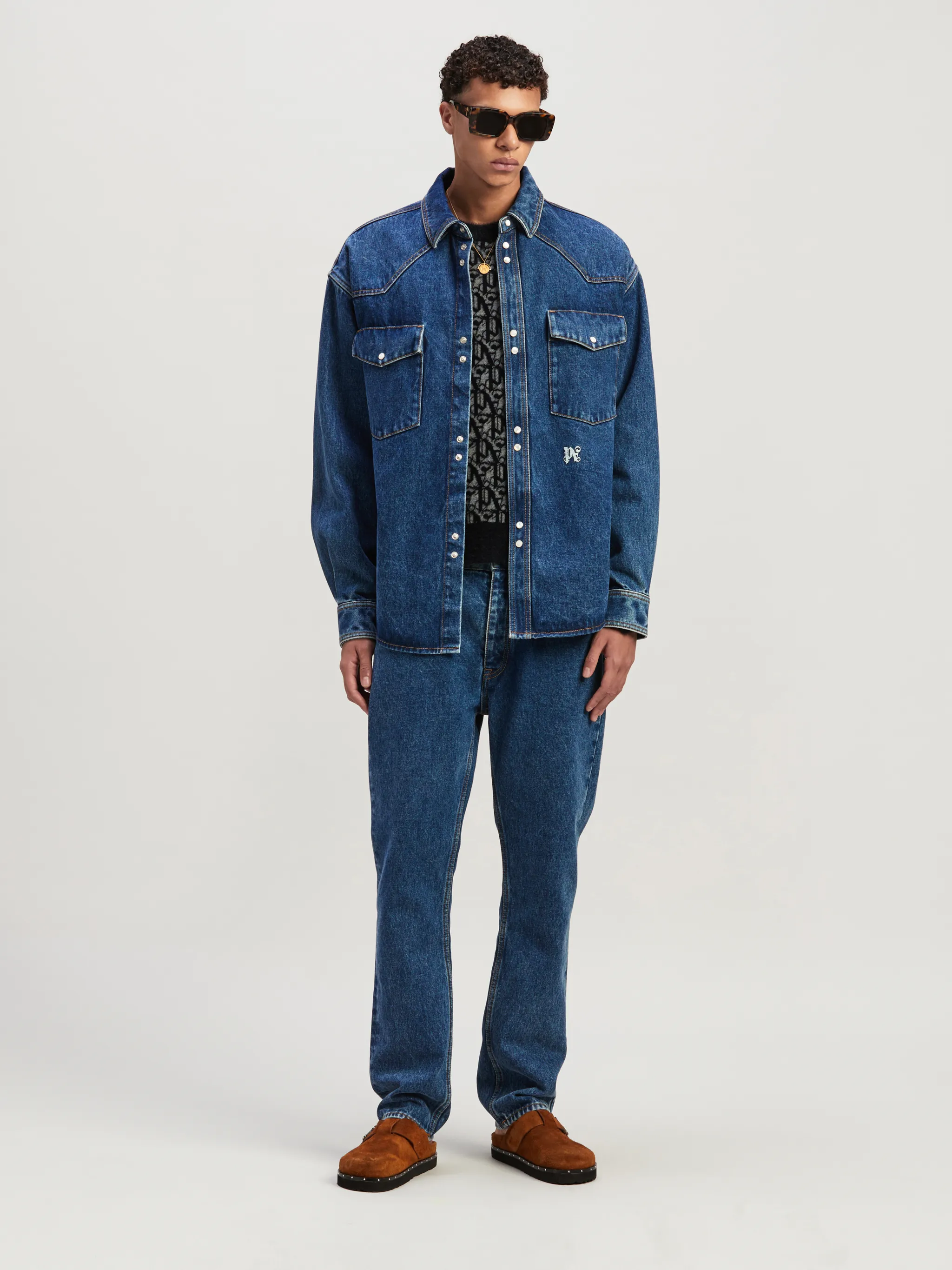 Monogram Denim Shirt in blue - Palm Angels® Official