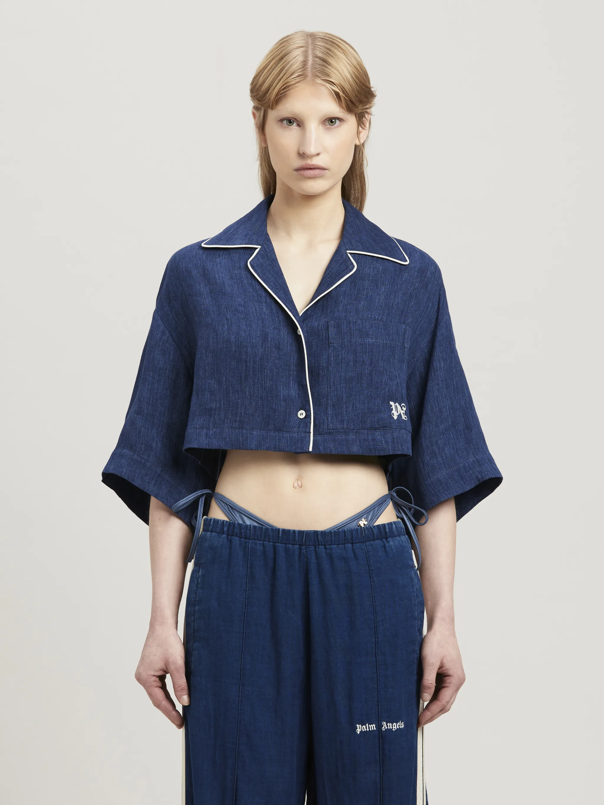 Monogram Linen Cropped Shirt in blue - Palm Angels® Official