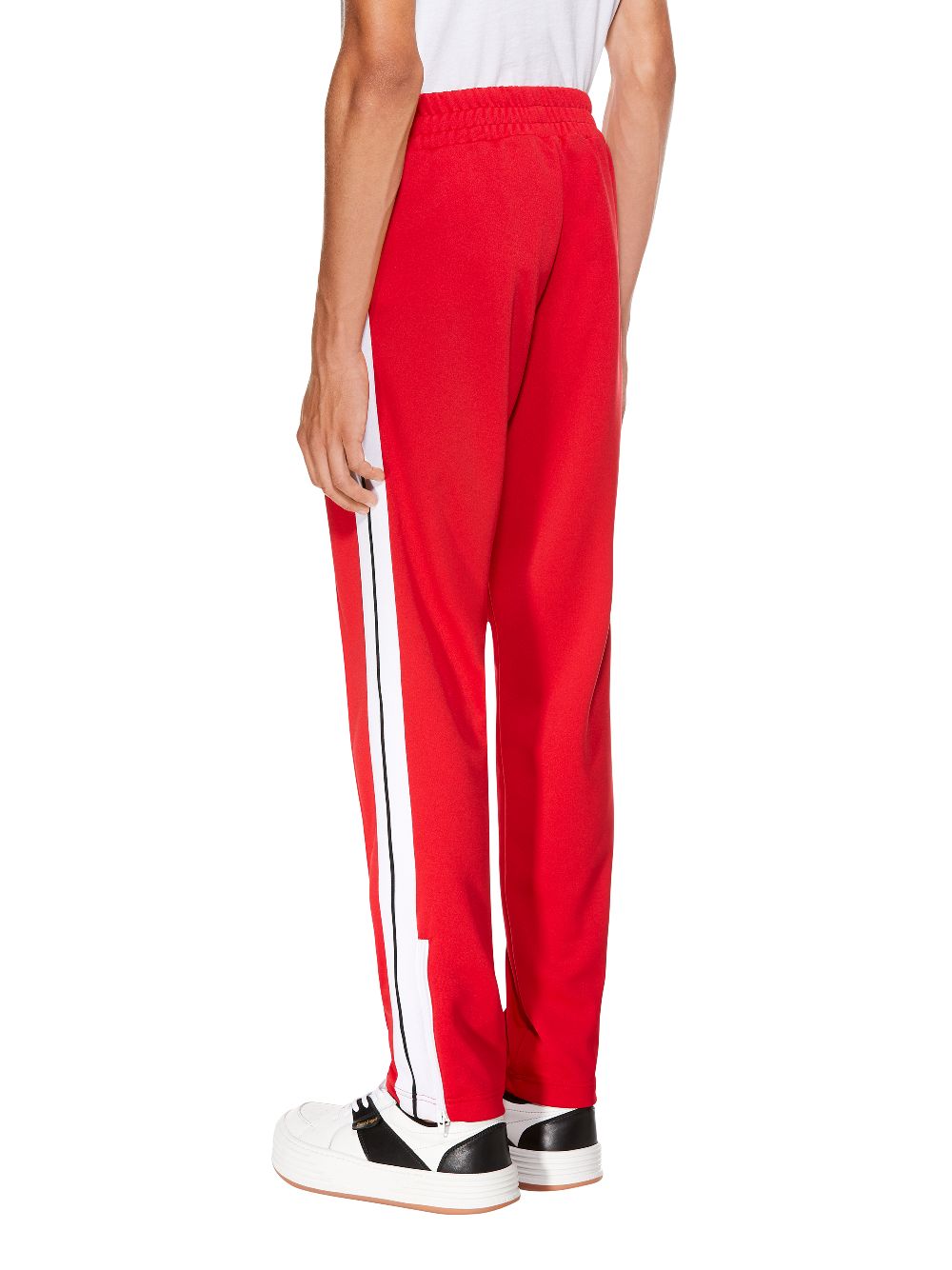 red track pants with white stripe