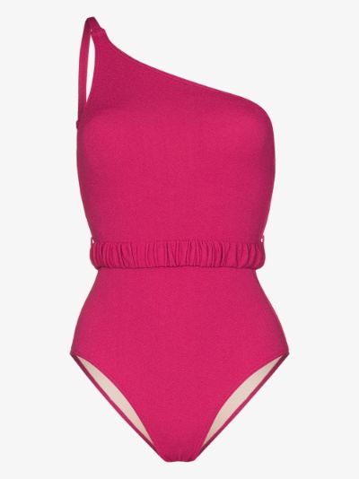 one shoulder pink swimsuit