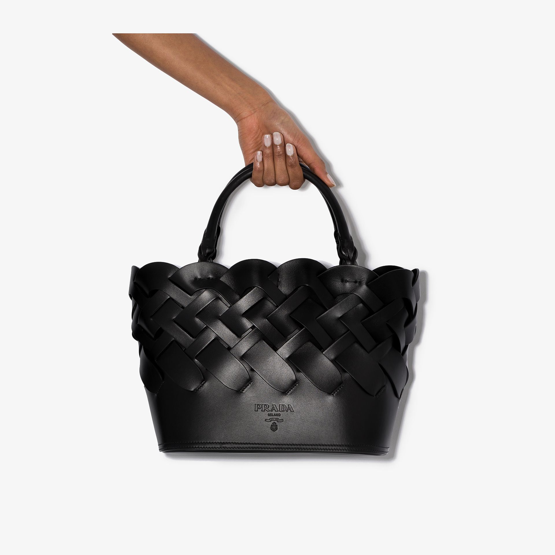 black woven leather handbag