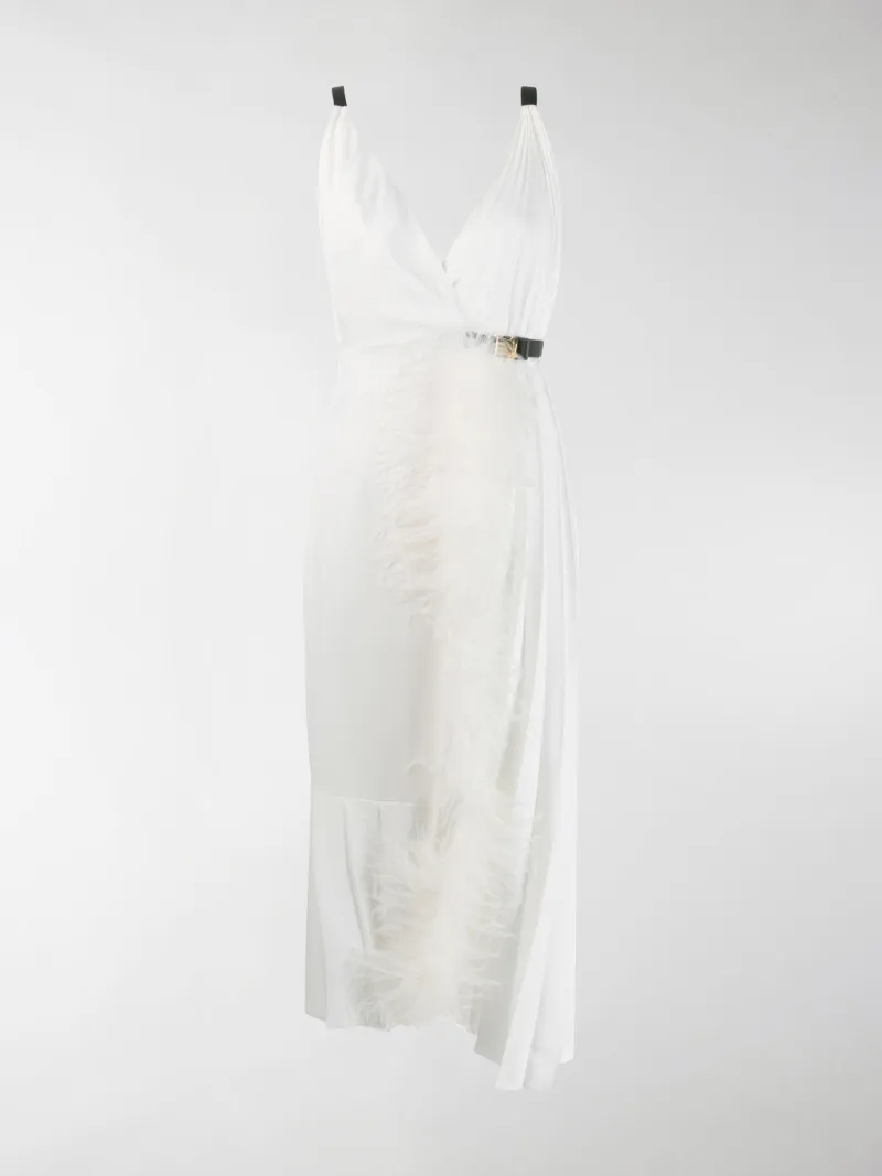 feather trim midi dress