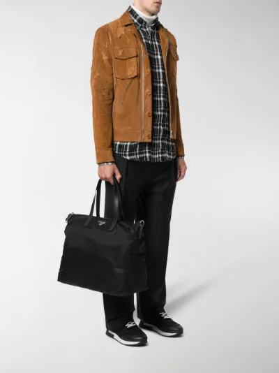 prada logo plaque tote bag