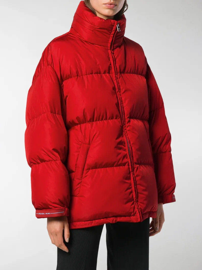 short red puffer jacket