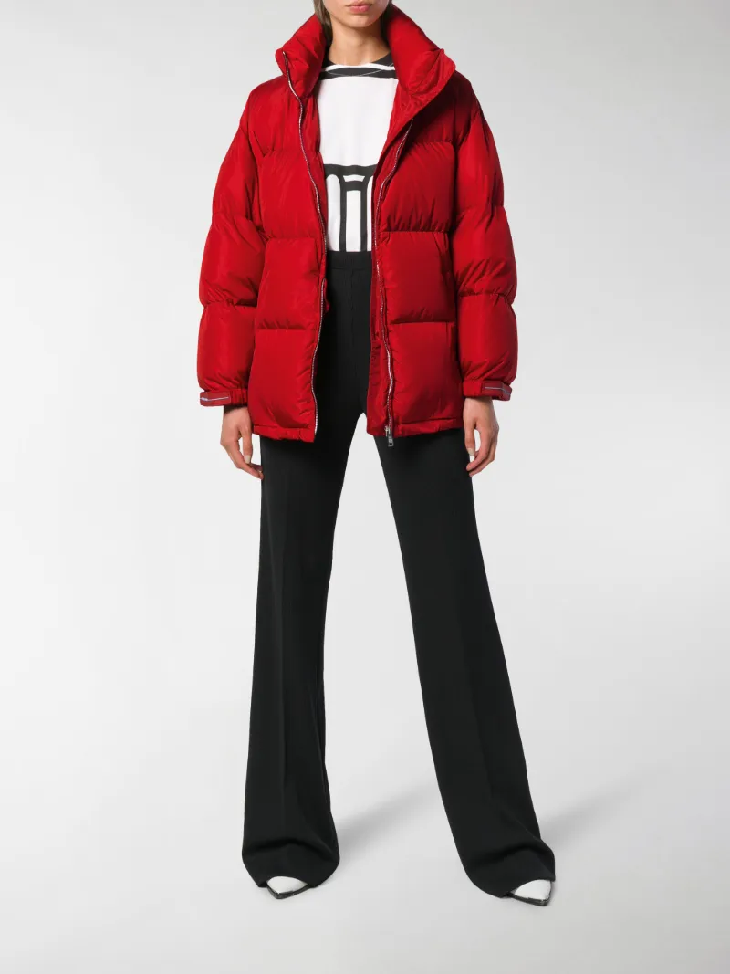 short red puffer jacket