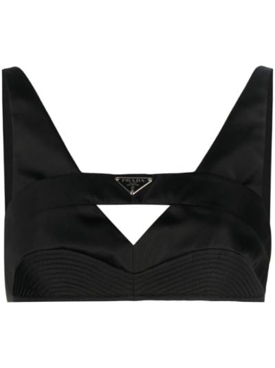 Prada Re-nylon Triangle Logo Crop Top in Black