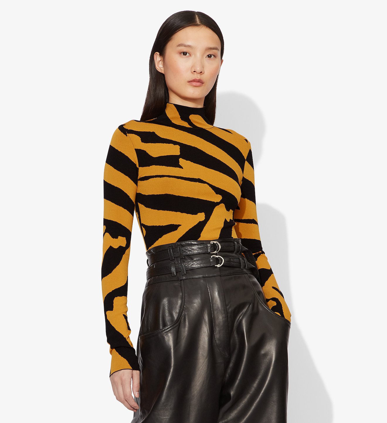 Abstract Animal Print Jacquard Long Sleeve Turtleneck Top