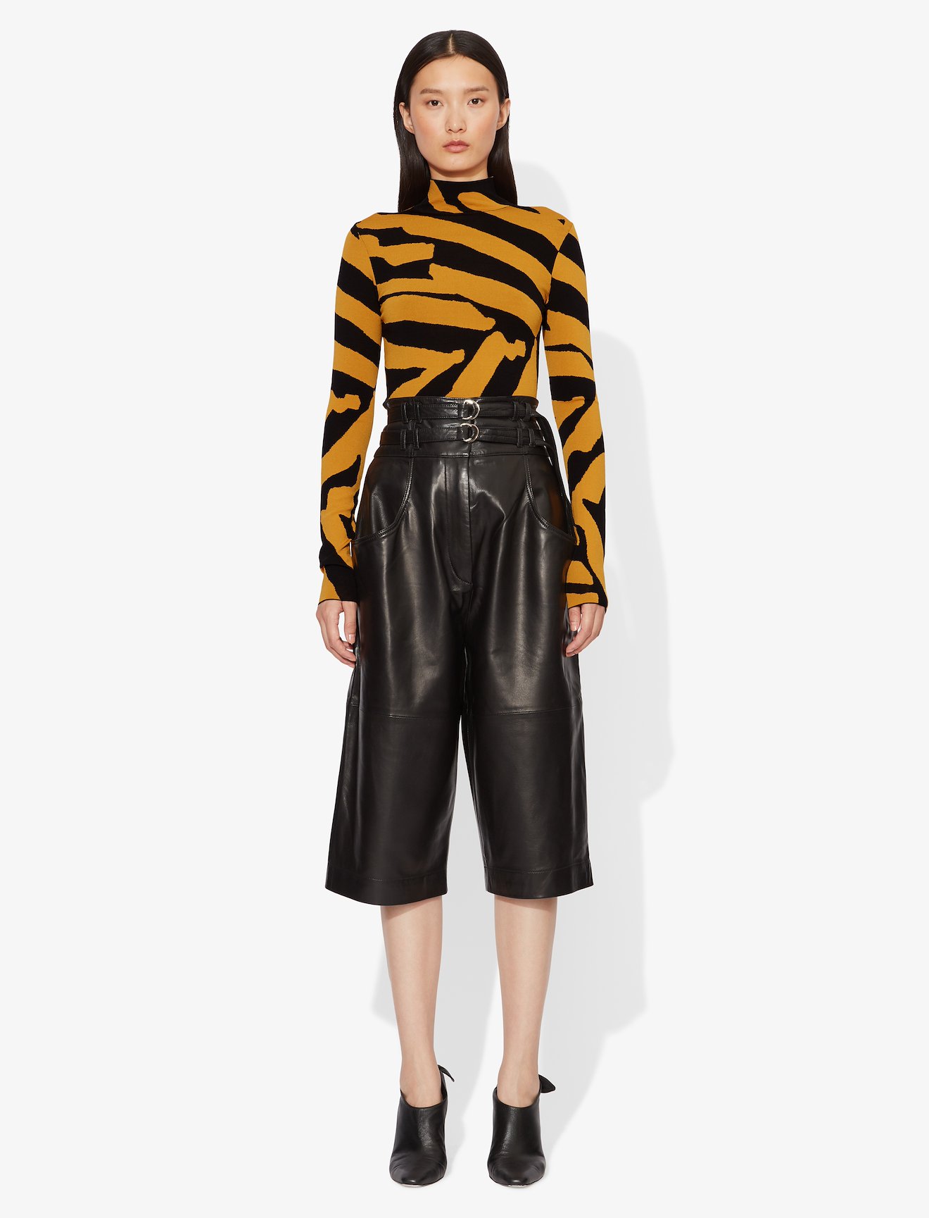Abstract Animal Print Jacquard Long Sleeve Turtleneck Top #1