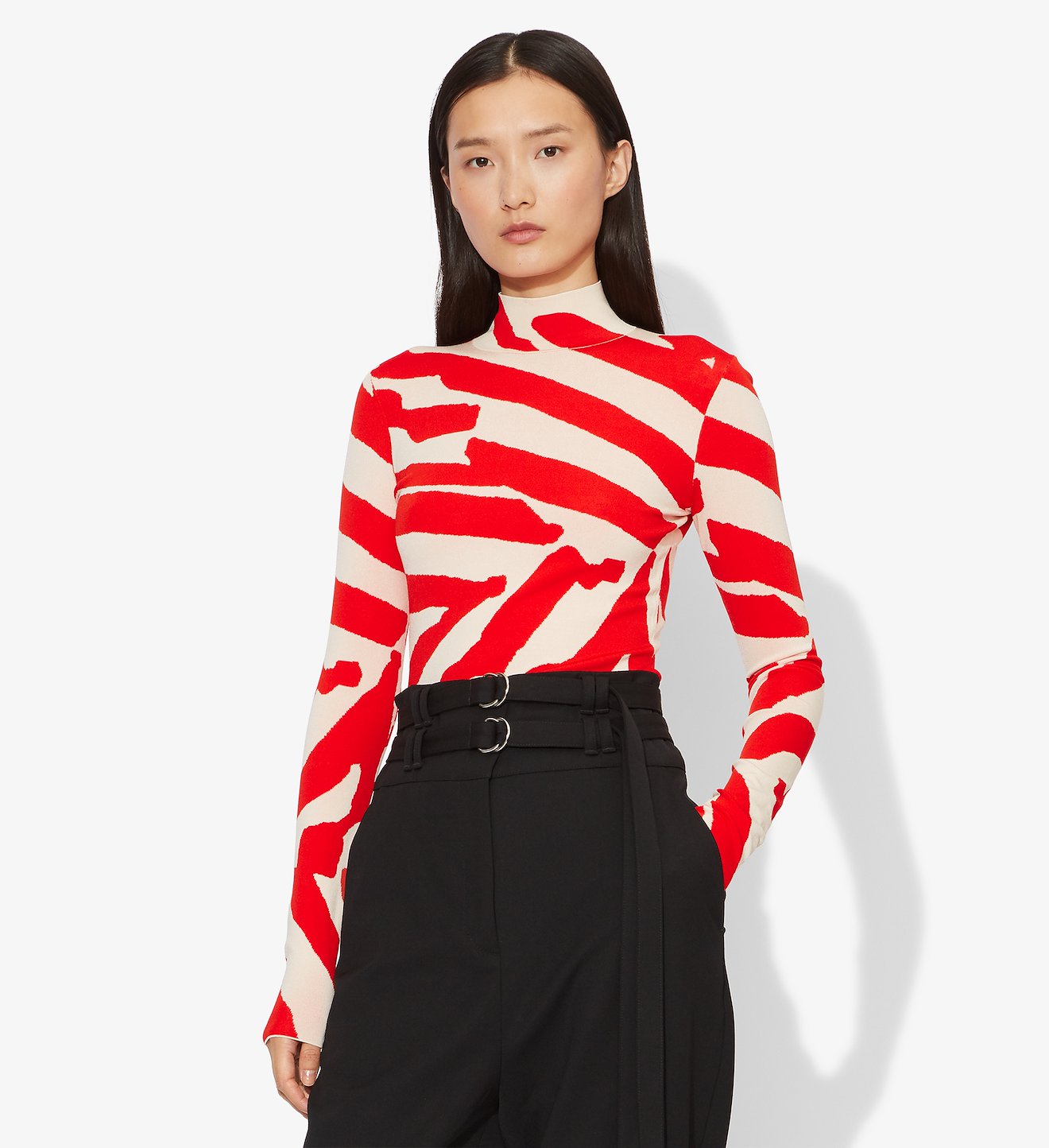 Abstract Animal Print Jacquard Long Sleeve Turtleneck Top