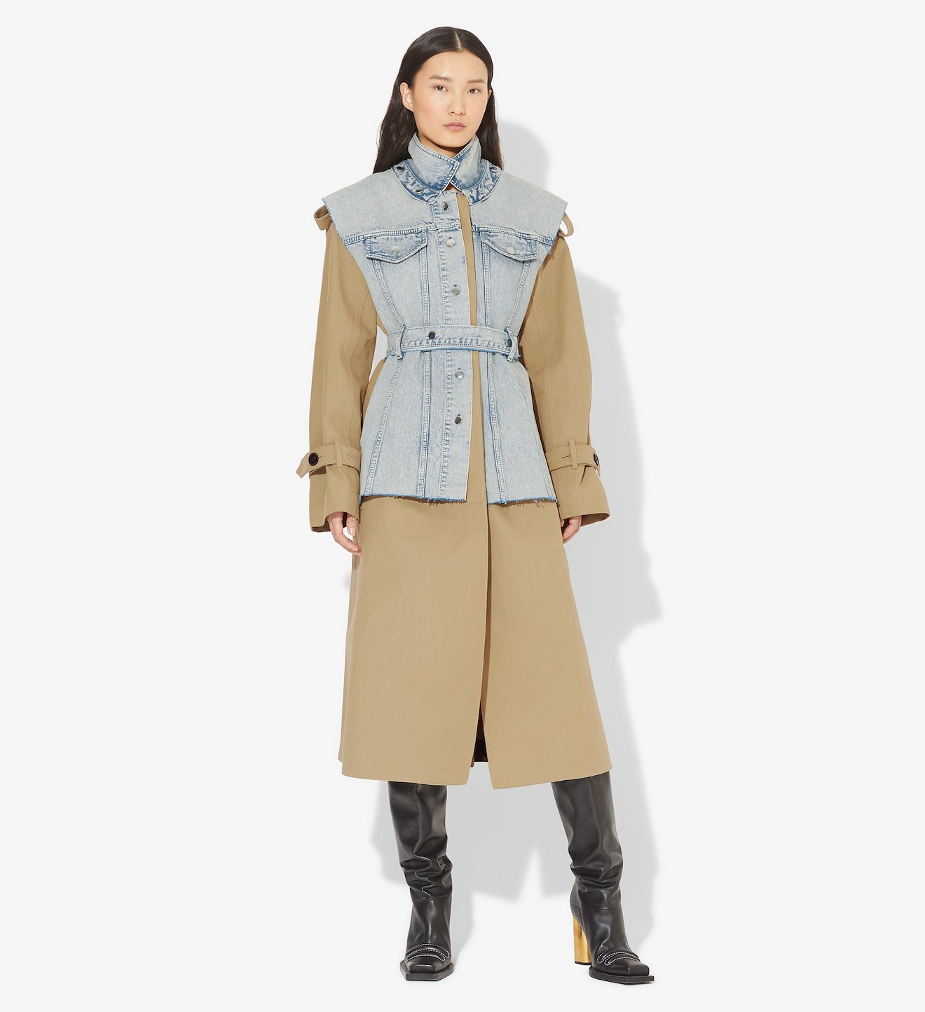 Belted Trench with Denim Vest Coat
