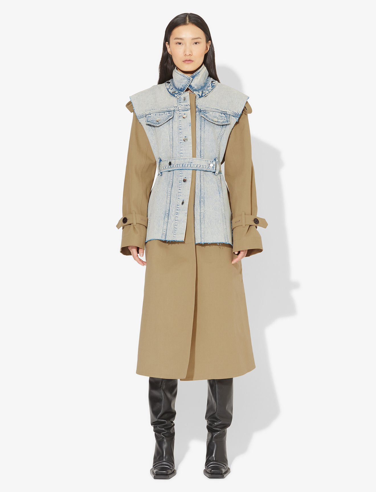 Belted Trench with Denim Vest Coat #1