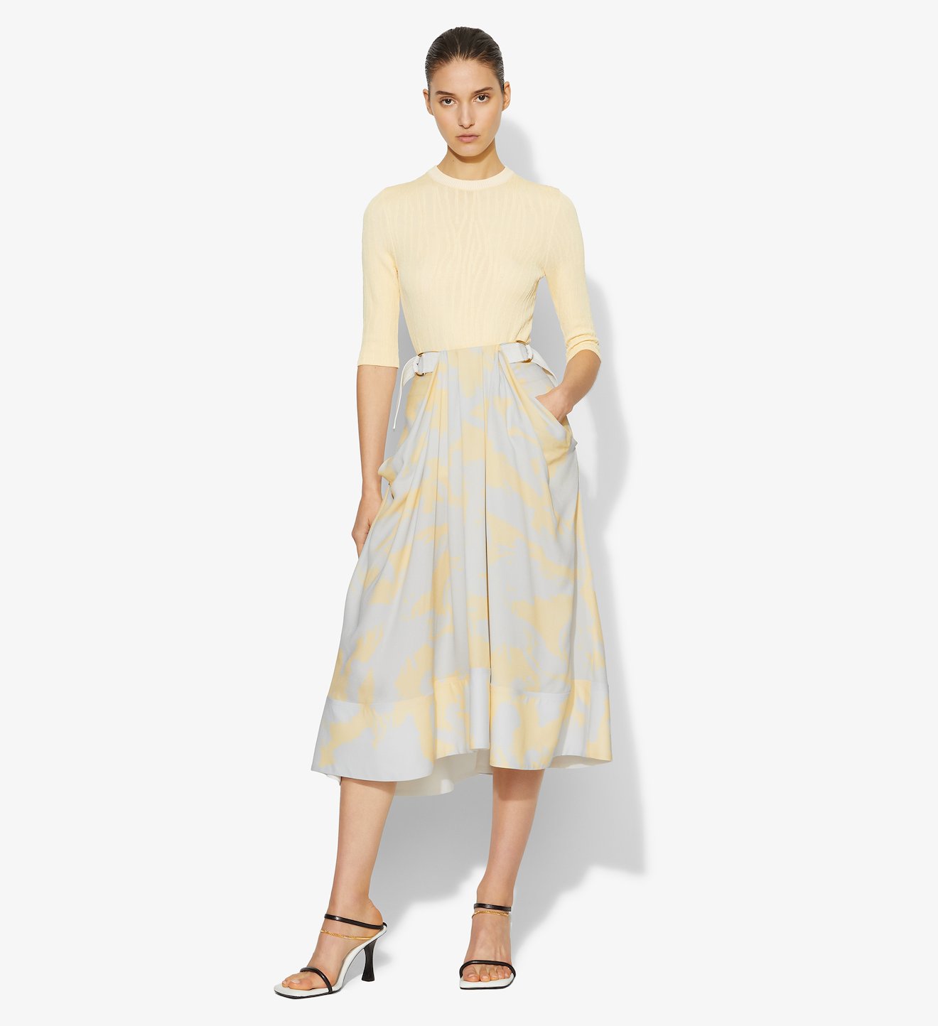 Brush Printed Belted Midi Skirt