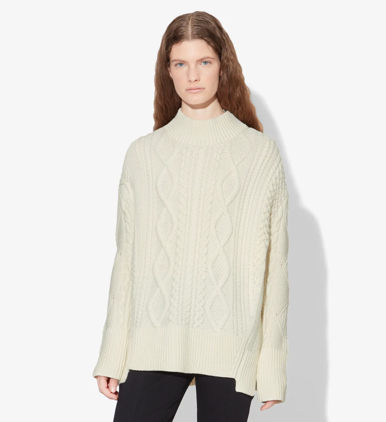 white cable knit turtleneck