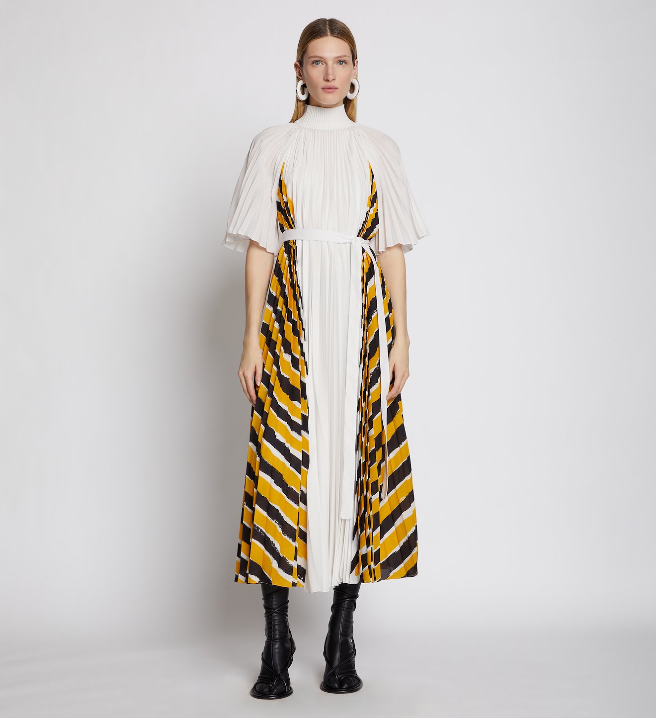 Crepe Pleated Stripe Dress