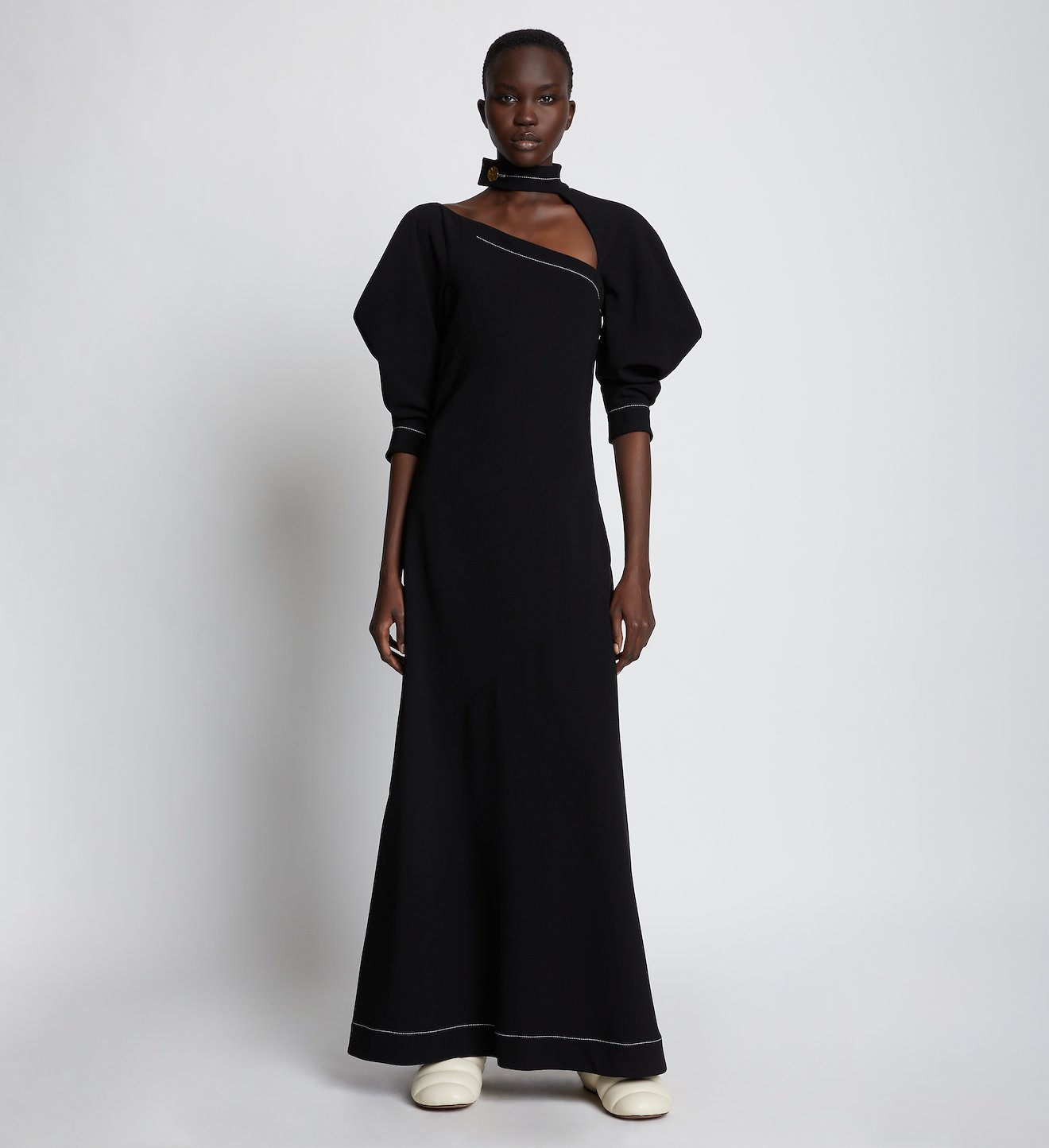 Crepe Puff Sleeve Cut Out Dress