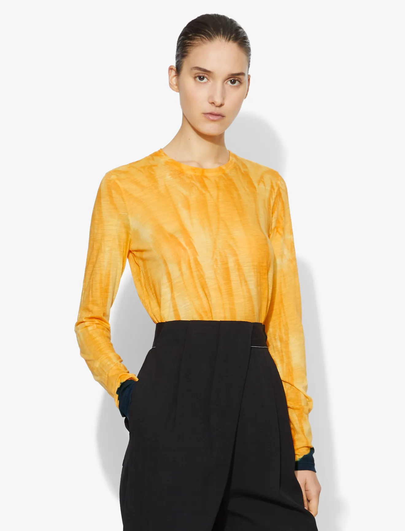 orange and blue long sleeve shirt