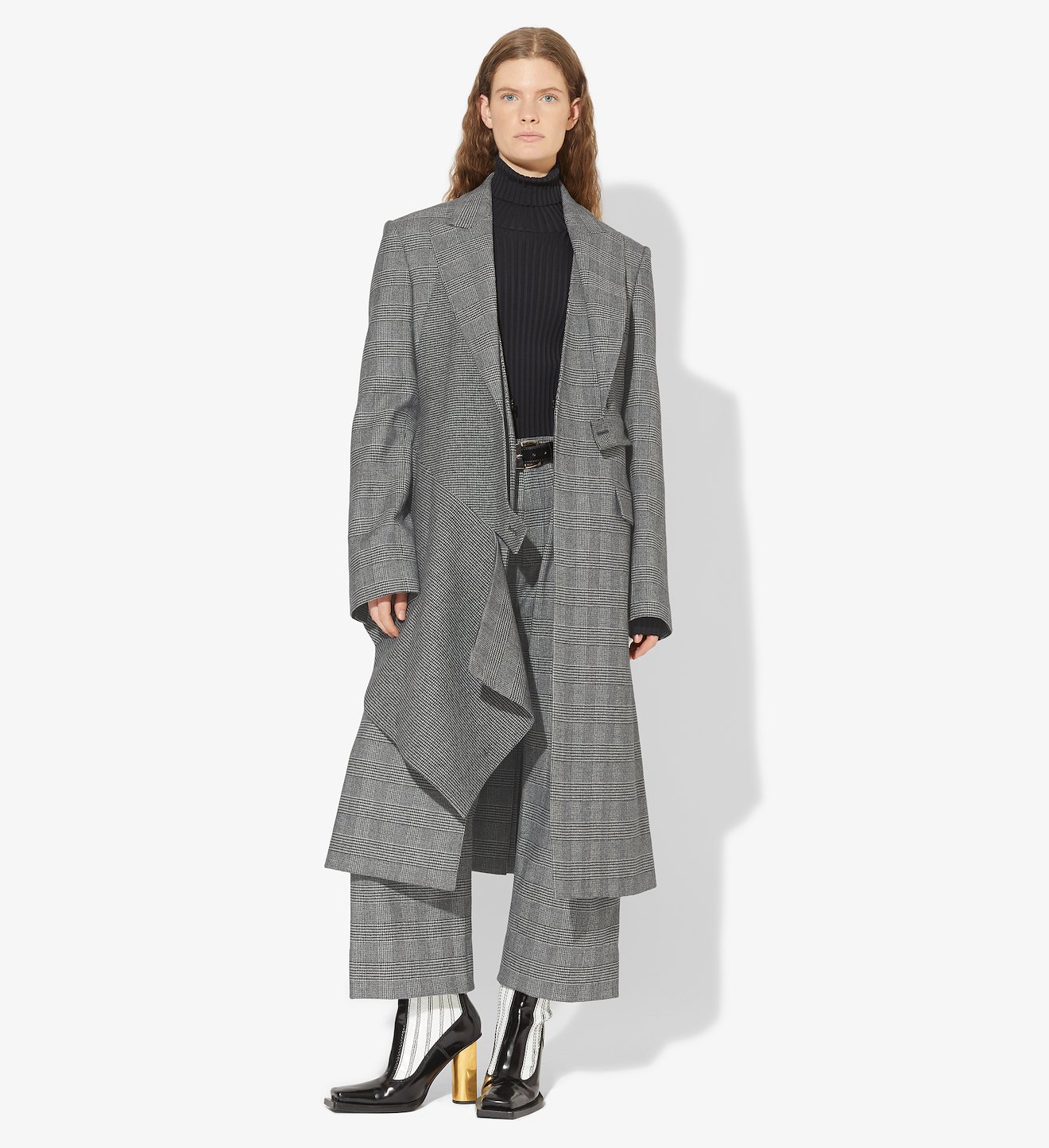 Draped Plaid Long Coat