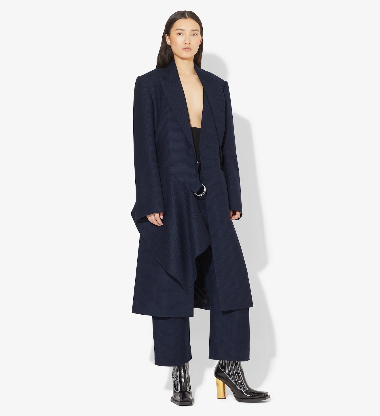 Draped Plaid Long Coat