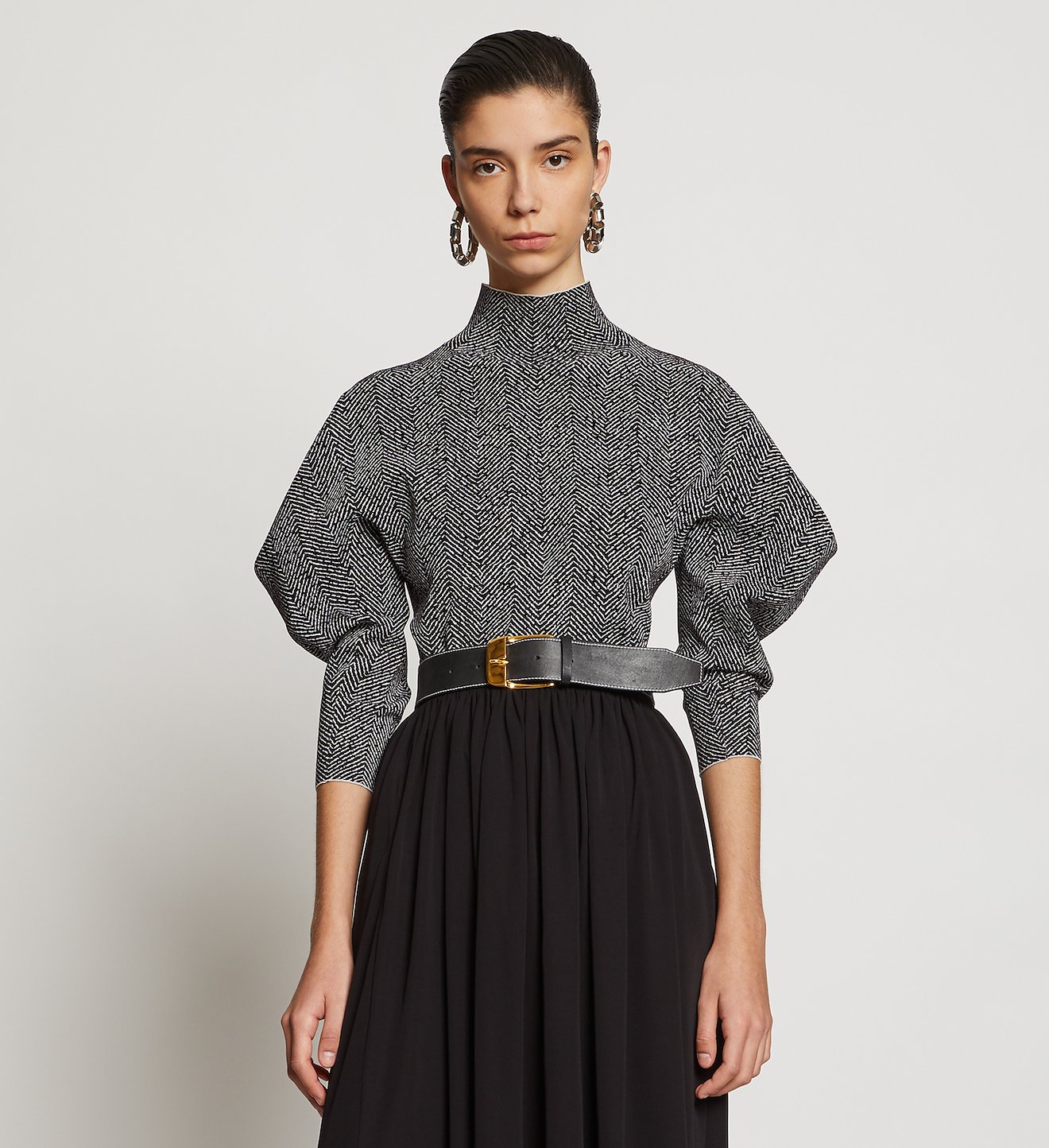 Draped Puff Sleeve Herringbone Knit Top