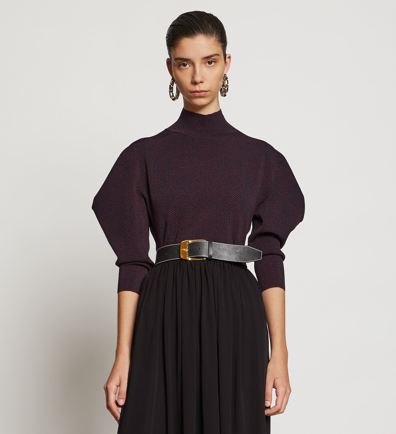 Draped Puff Sleeve Herringbone Knit Top