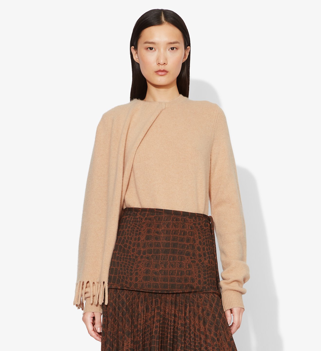 Draped Scarf Cashmere Long Sleeve Knit Sweater