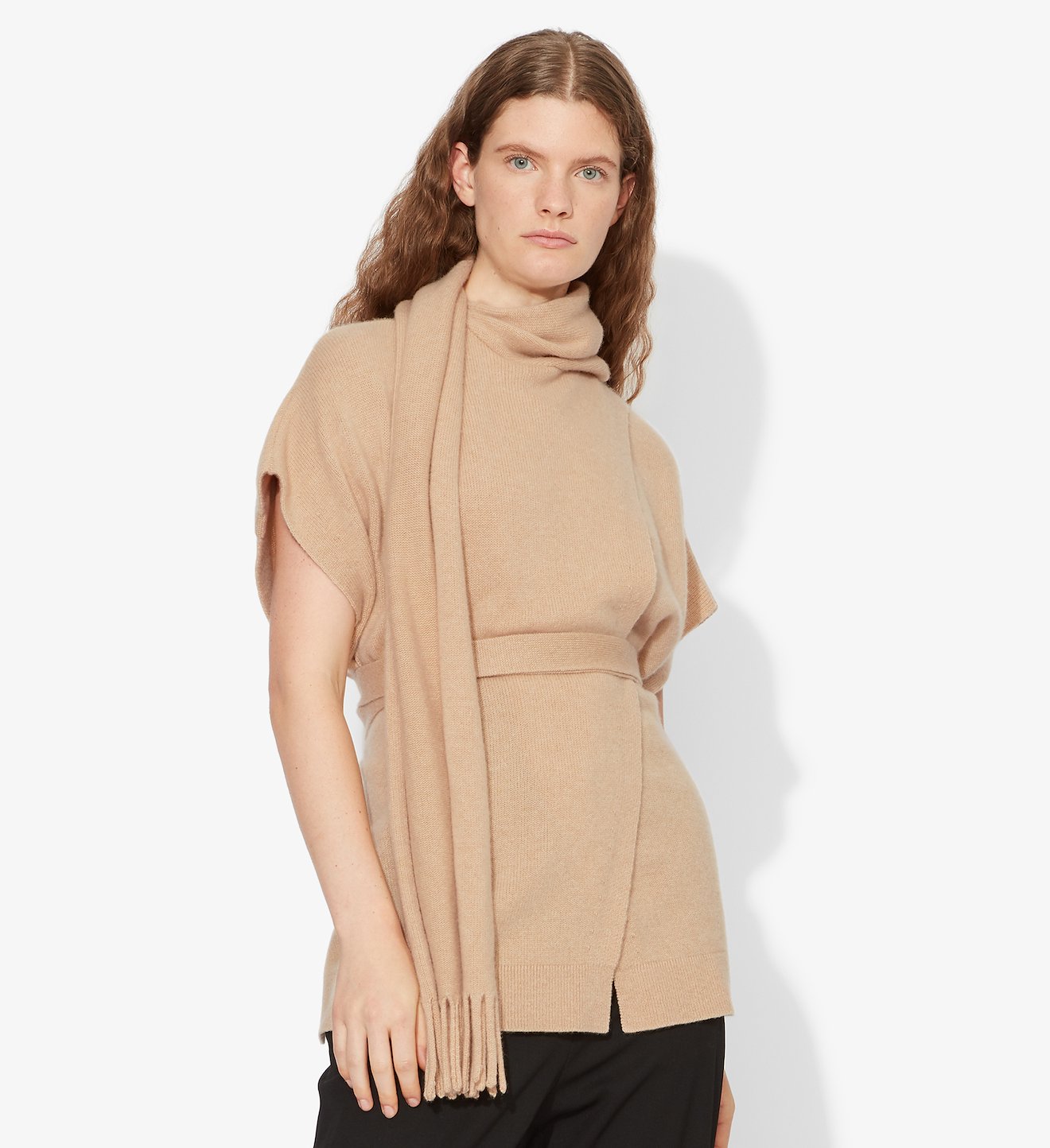 Draped Scarf Cashmere Short Sleeve Knit Pullover