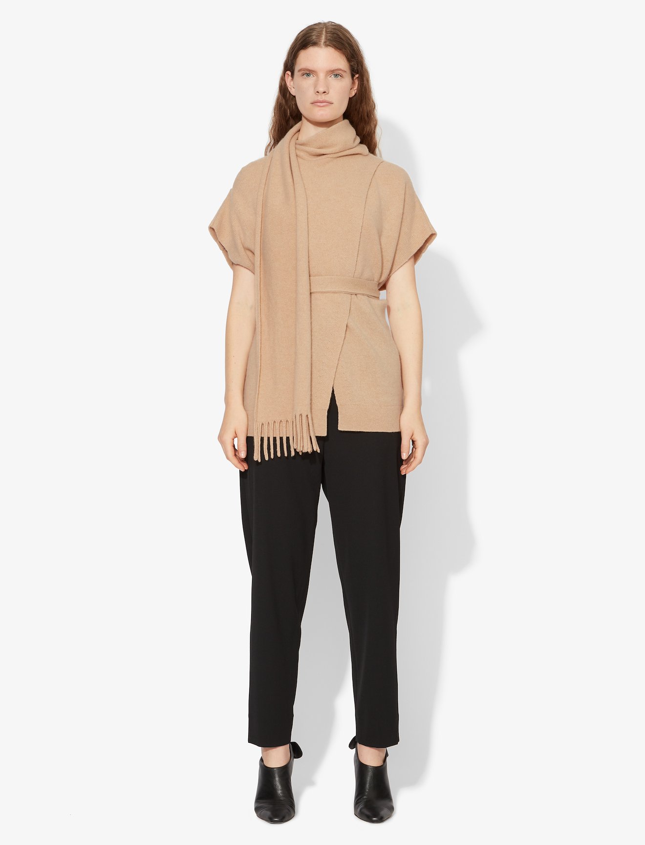 Draped Scarf Cashmere Short Sleeve Knit Pullover #1