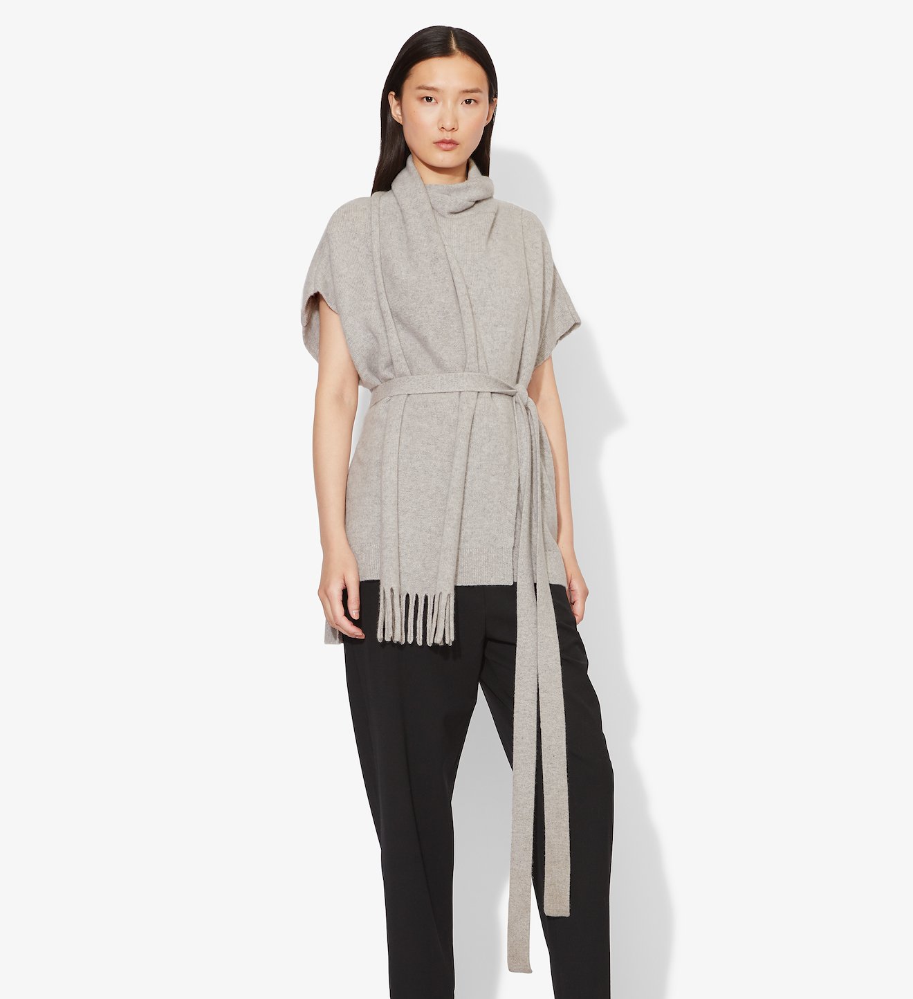 Draped Scarf Cashmere Short Sleeve Knit Pullover