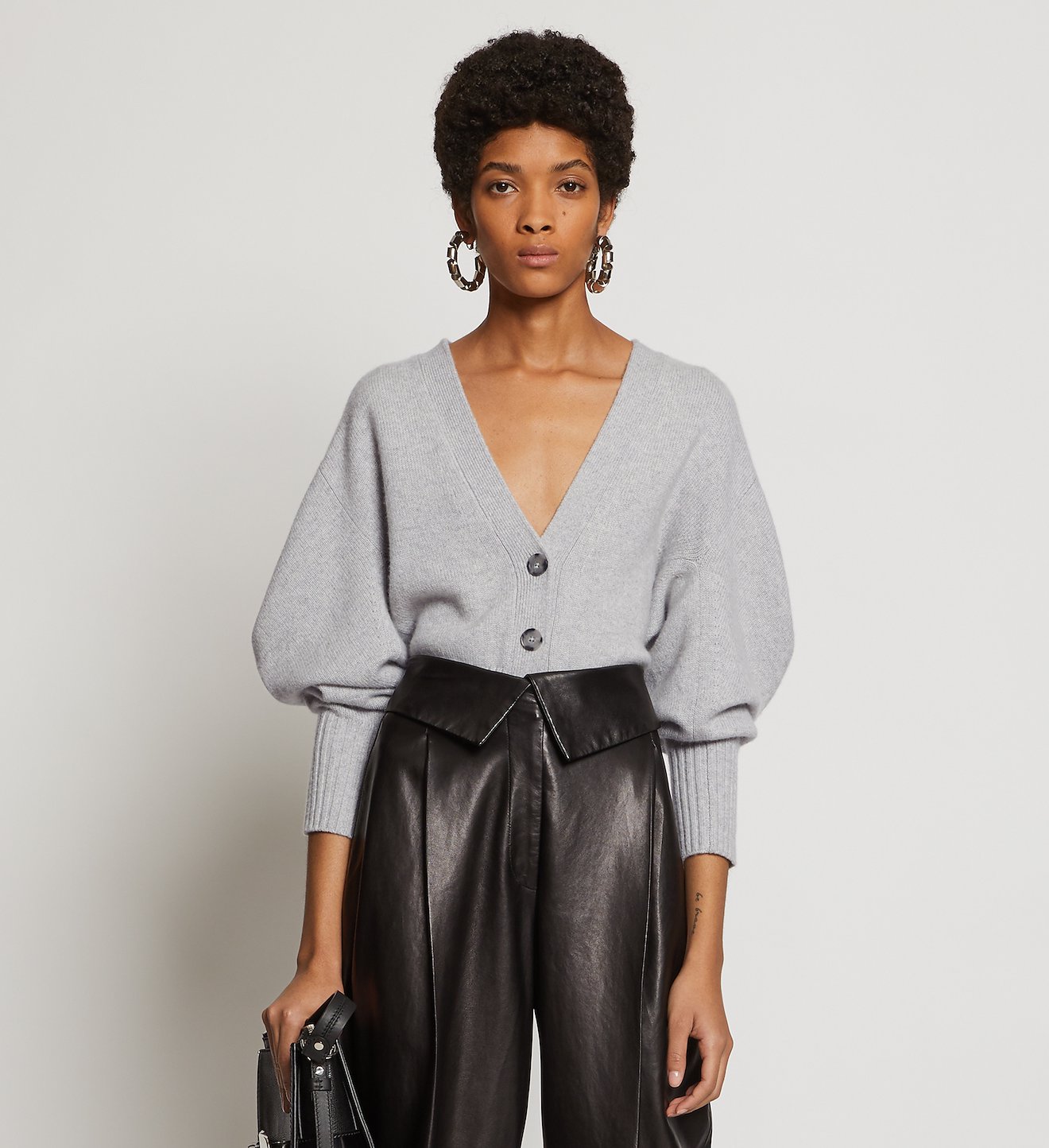 Draped Sleeve Cropped Cashmere Knit Cardigan