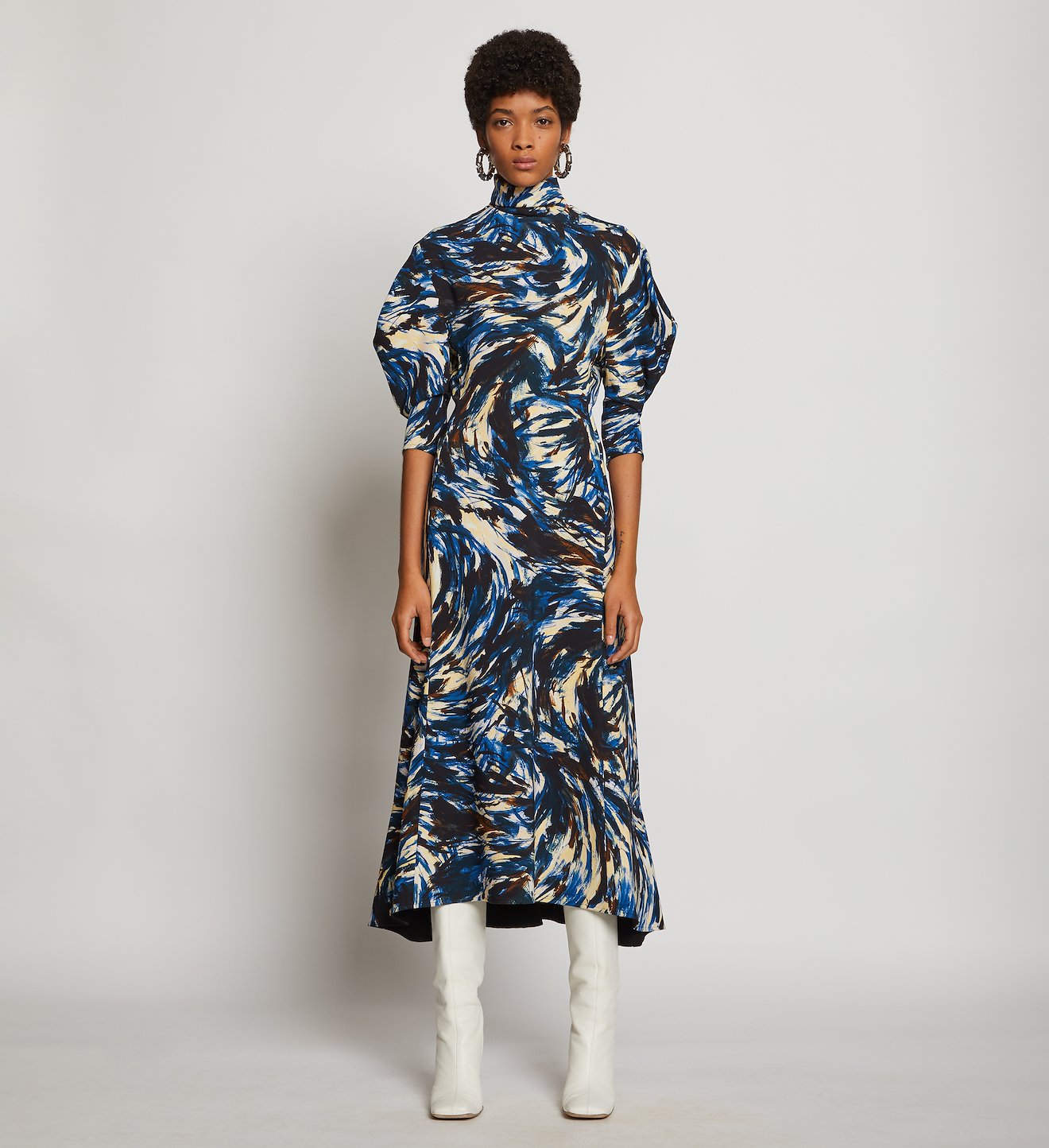 Feather Print Draped Puff Sleeve Dress