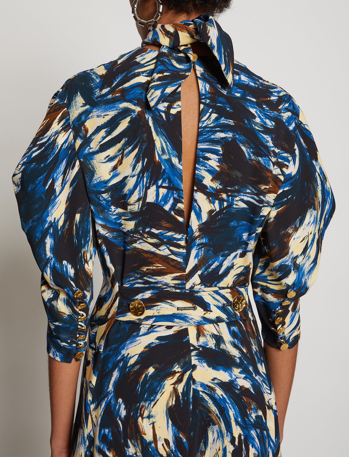 Feather Print Draped Puff Sleeve Dress #3