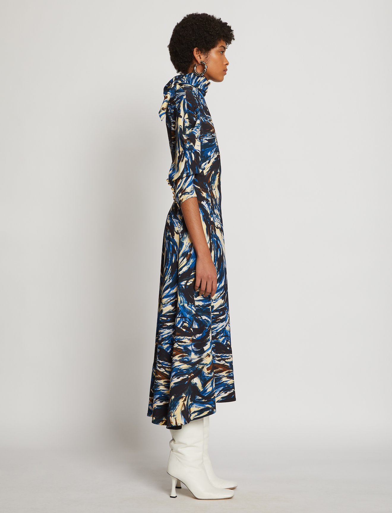 Feather Print Draped Puff Sleeve Dress #1