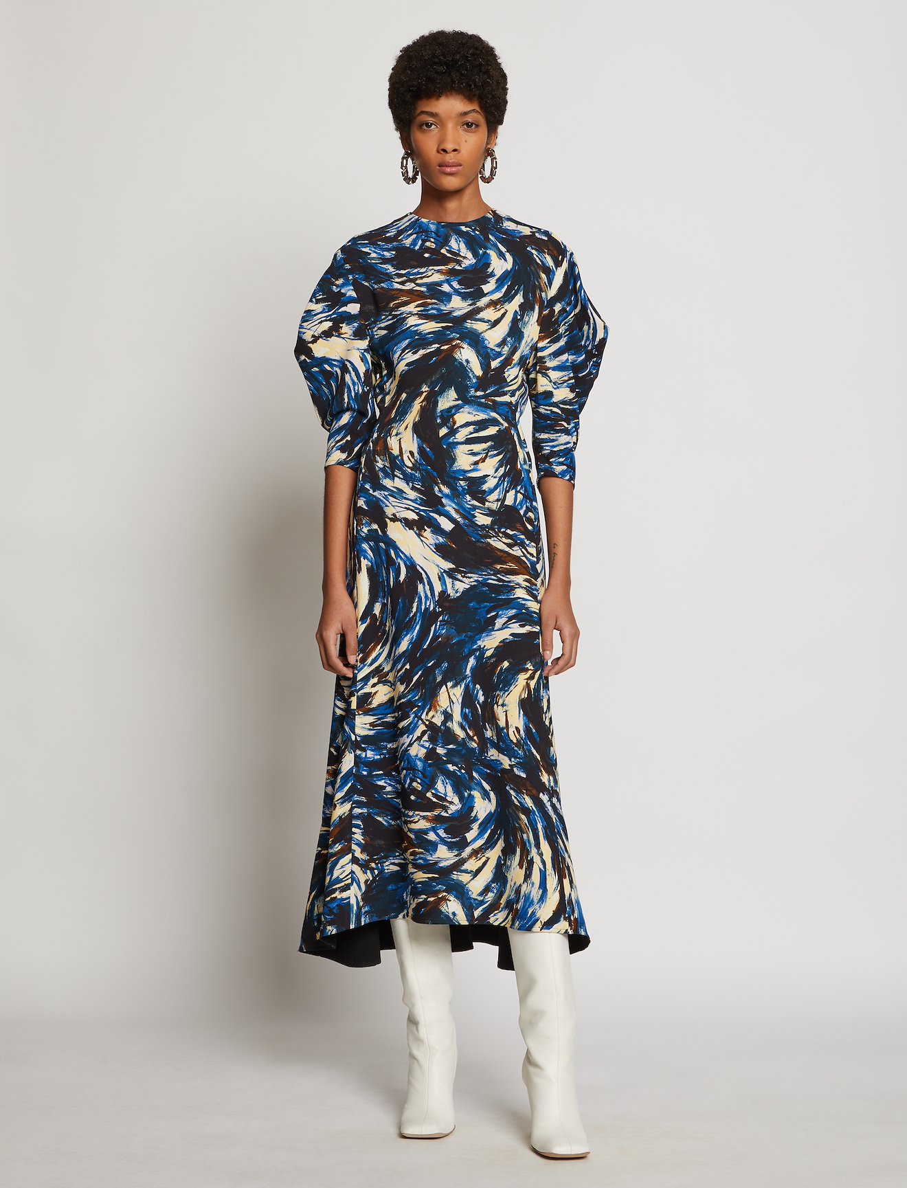 Feather Print Draped Puff Sleeve Dress #5