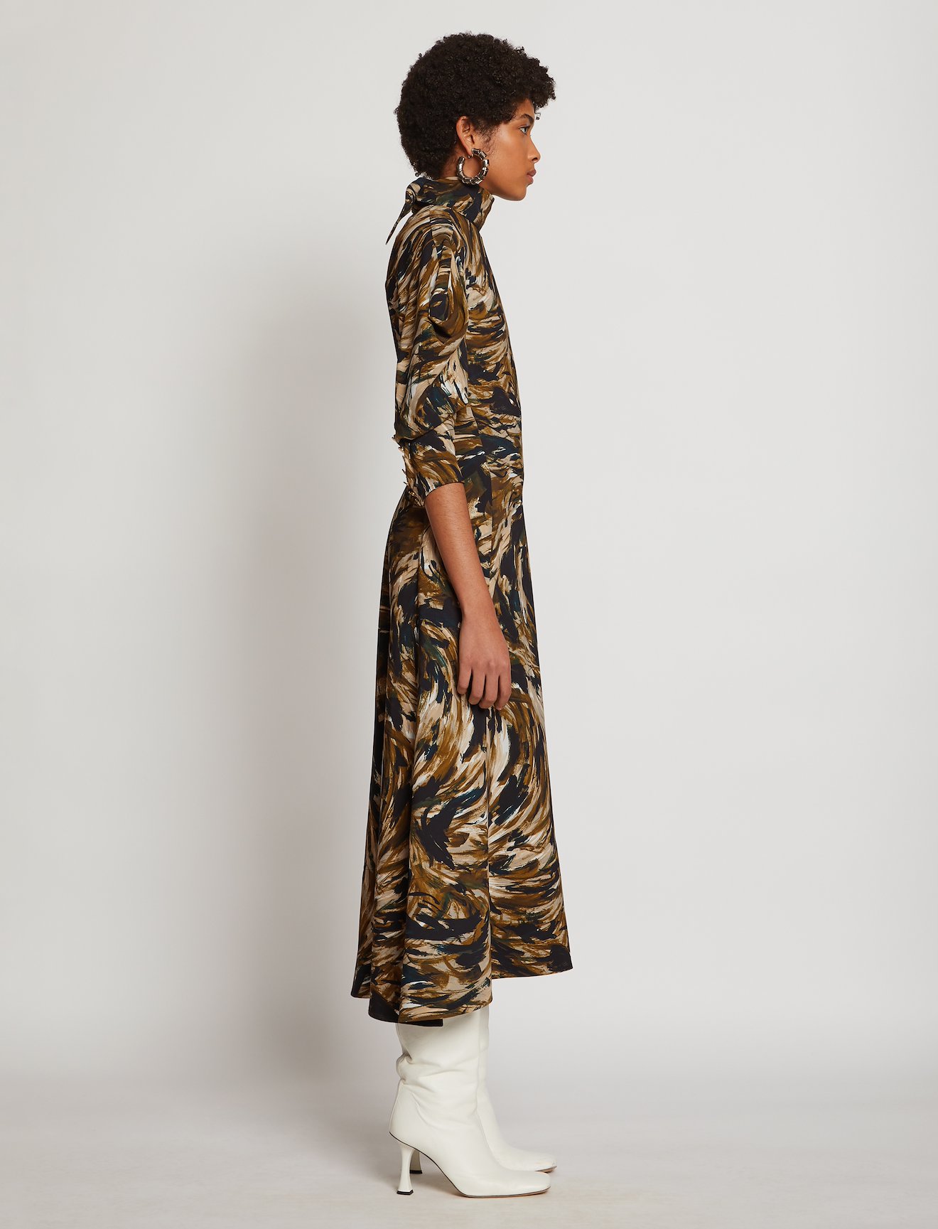 Feather Print Draped Puff Sleeve Dress #1