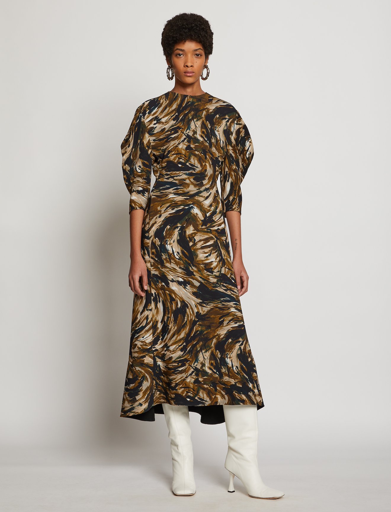 Feather Print Draped Puff Sleeve Dress #4
