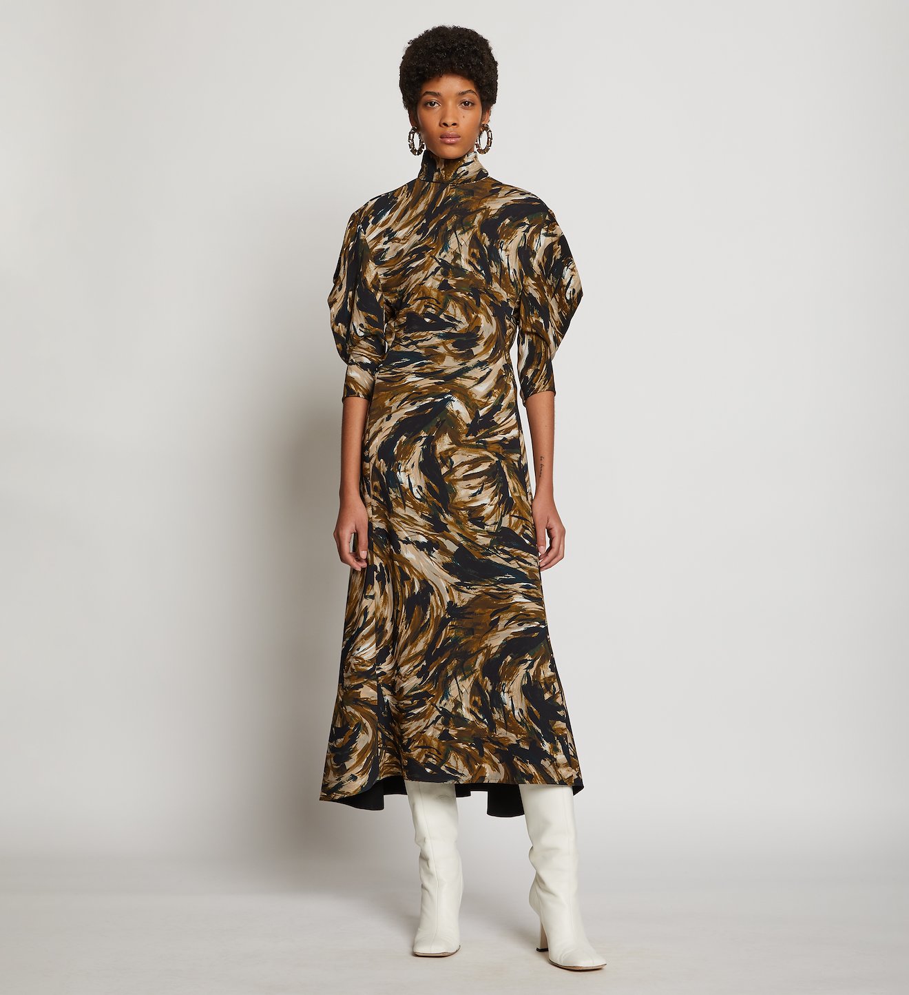 Feather Print Draped Sleeve Dress
