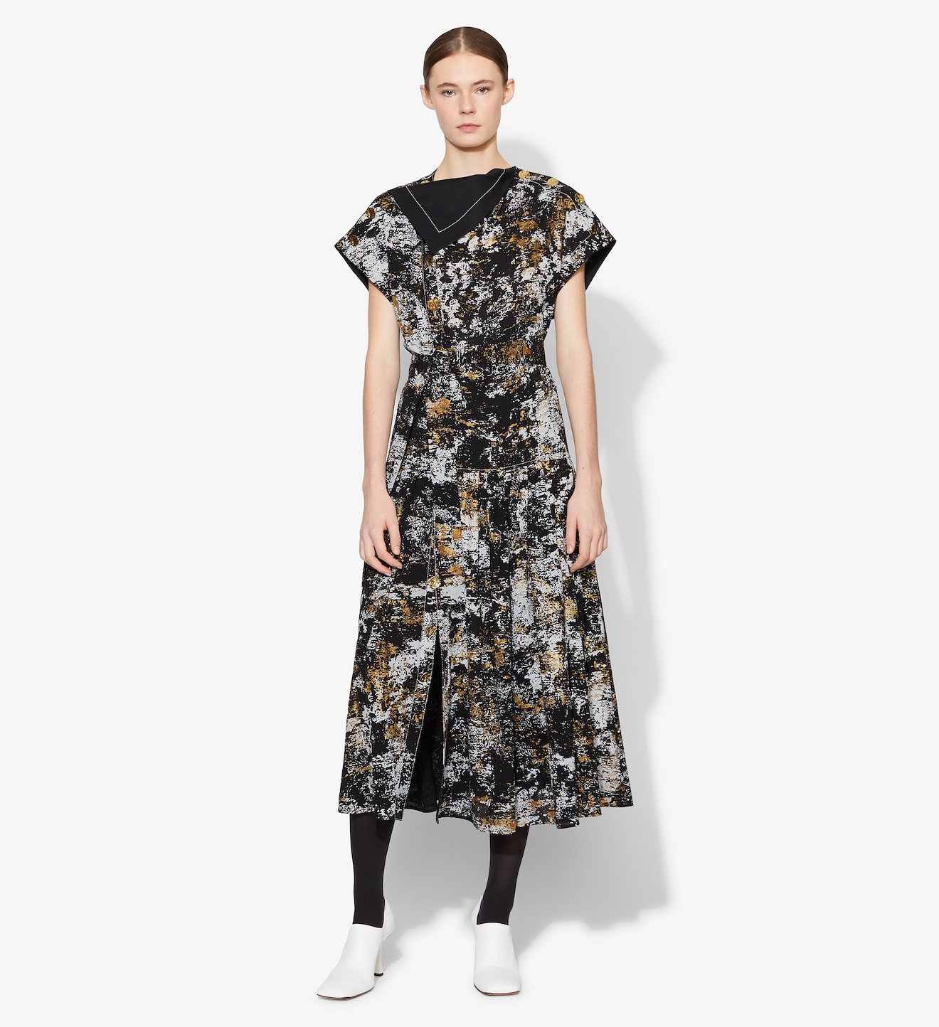 Foil Printed Silk Button Front Dress