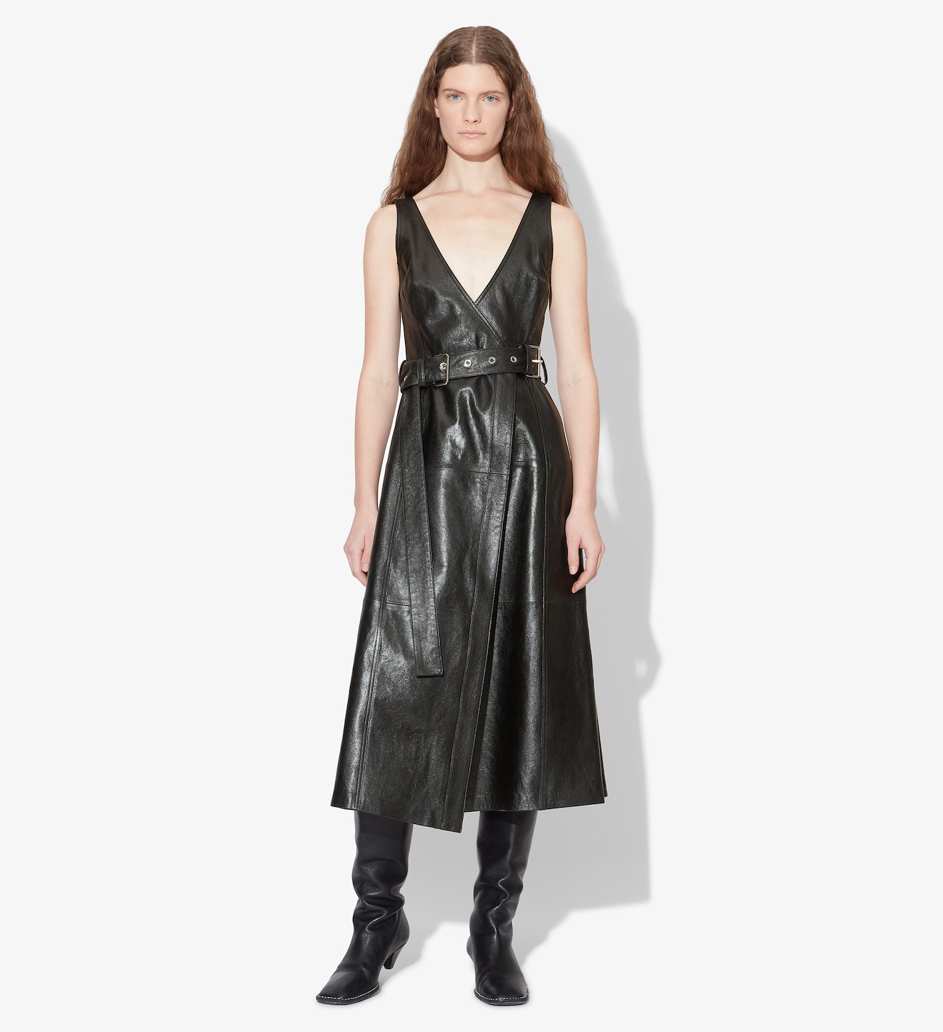 Glossy Leather Belted Dress