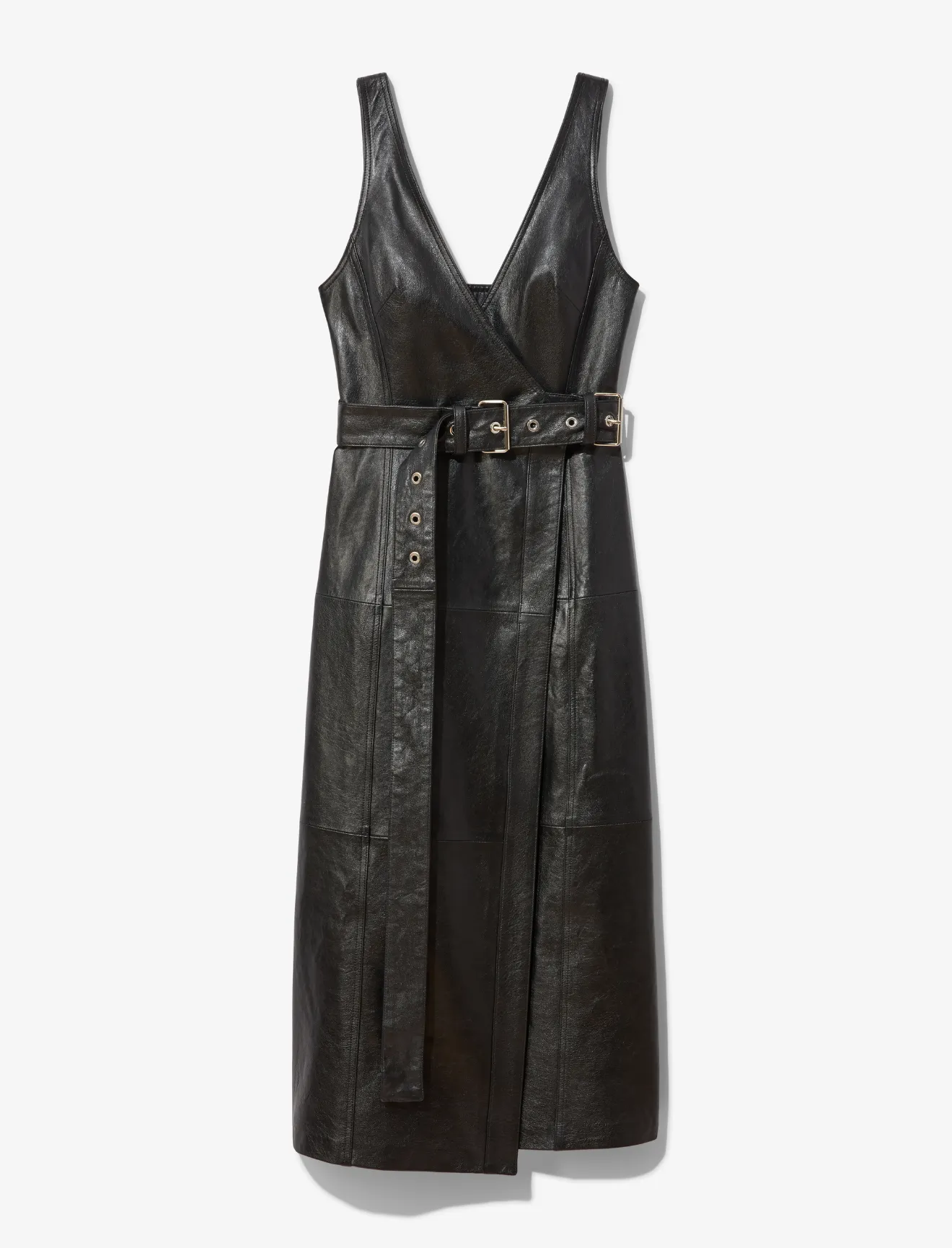 black leather belted dress